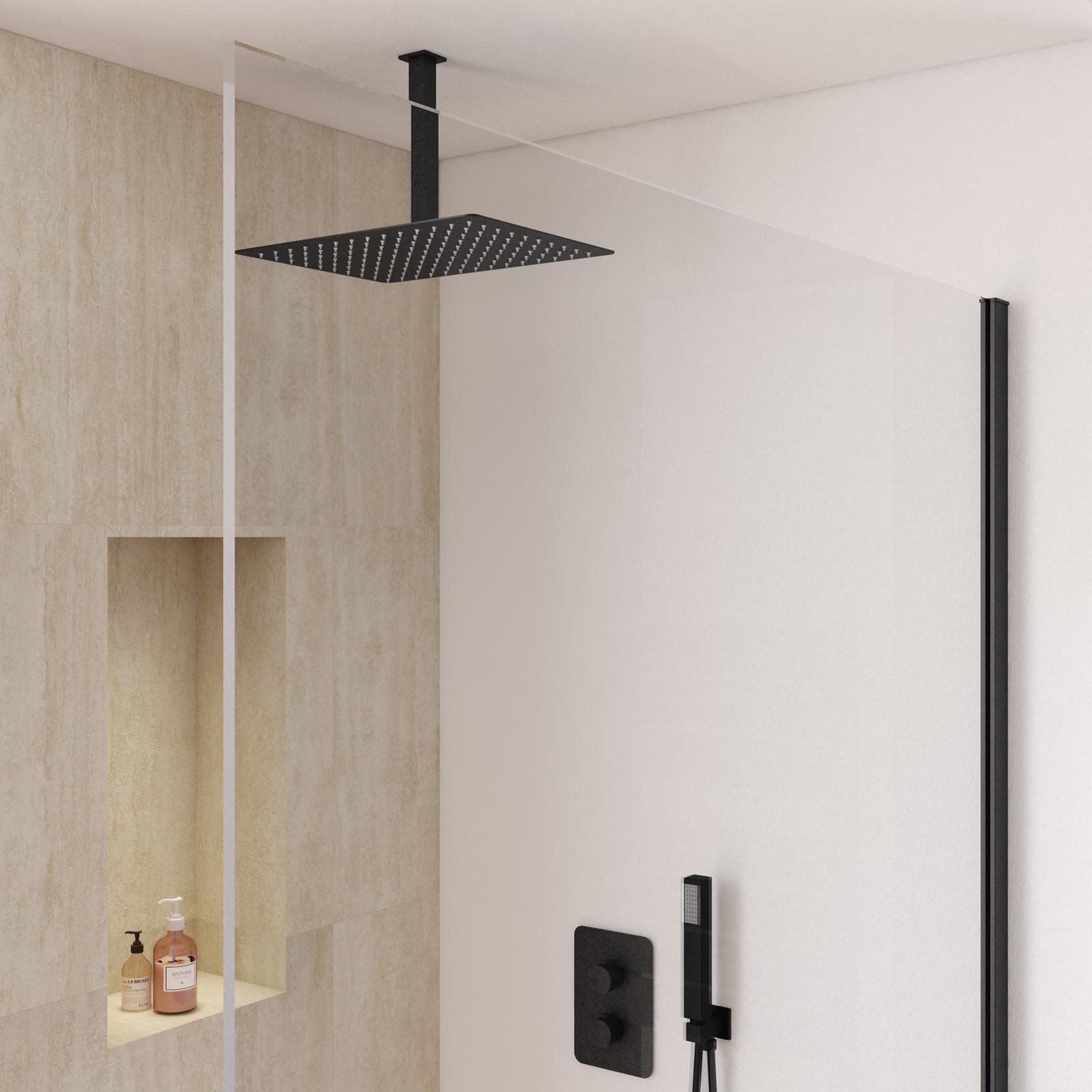 Set incasso doccia termostatico con deviatore con braccio a soffitto 20 cm e soffione 40x30 cm nero – Fusion