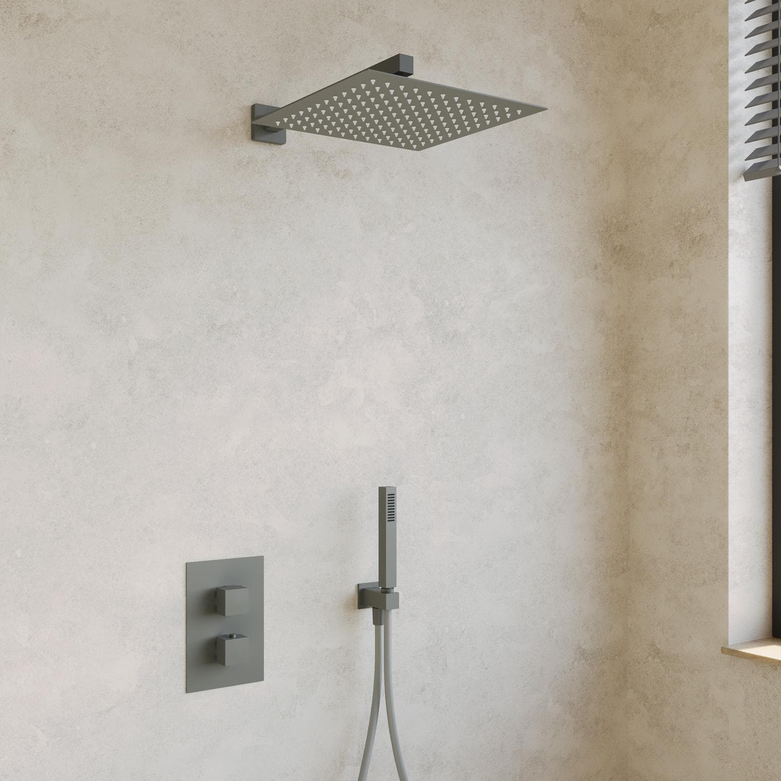 Set incasso doccia termostatico con deviatore e set doccino con braccio doccia e soffione 30 x 30 cm fango - Kyria