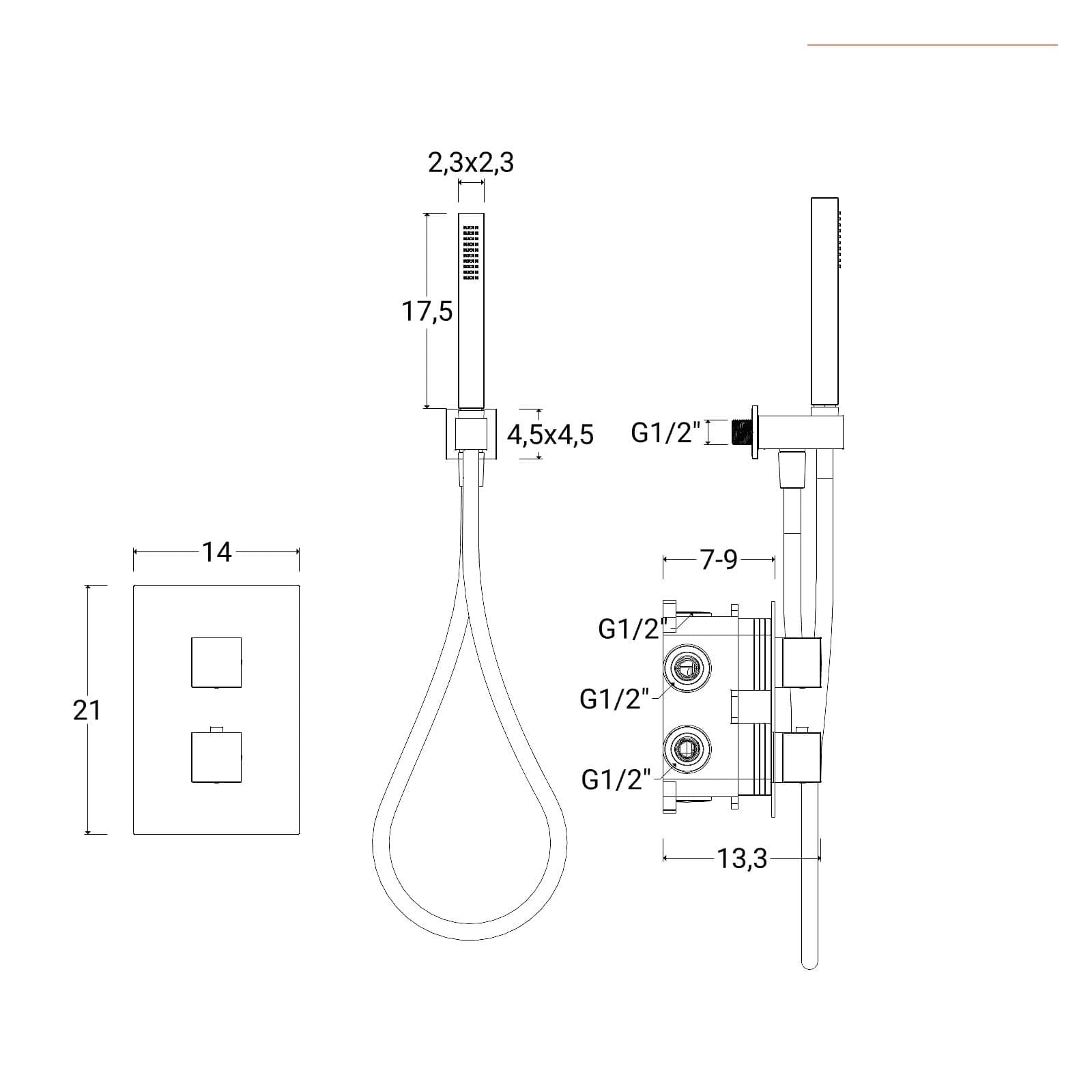 Set incasso doccia termostatico con deviatore e set doccino con braccio doccia e soffione 30 x 30 cm fango - Kyria