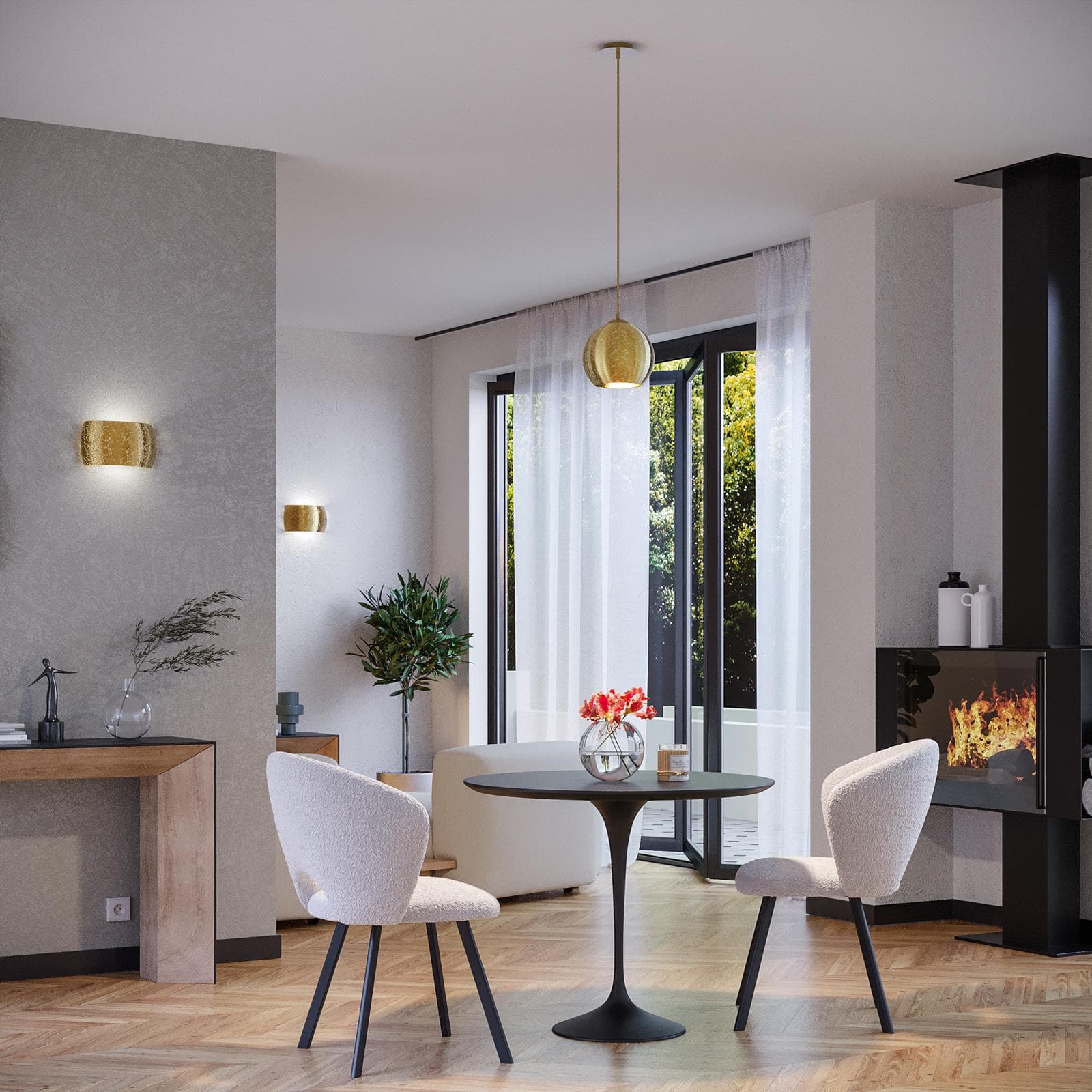Set lampada a sospensione 20 cm e 2 applique in vetro con foglia oro