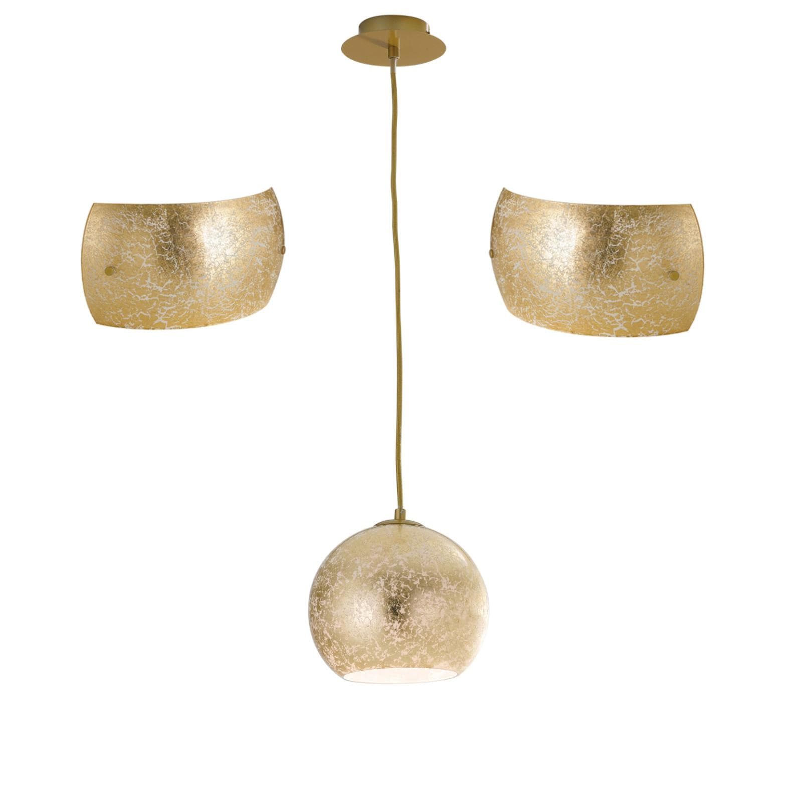 Set lampada a sospensione 20 cm e 2 applique in vetro con foglia oro