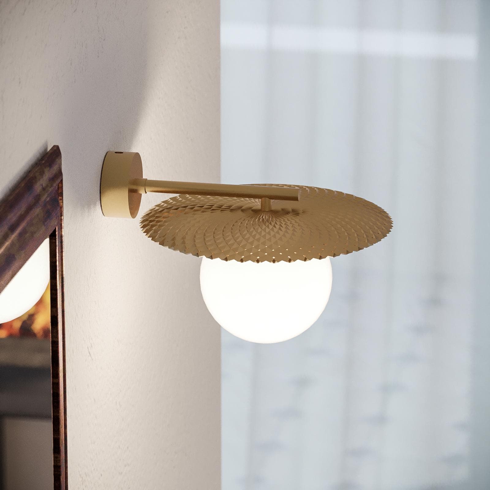 Set lampada sospesa rotonda 30 cm e 2 applique in metallo oro con diffusore opale