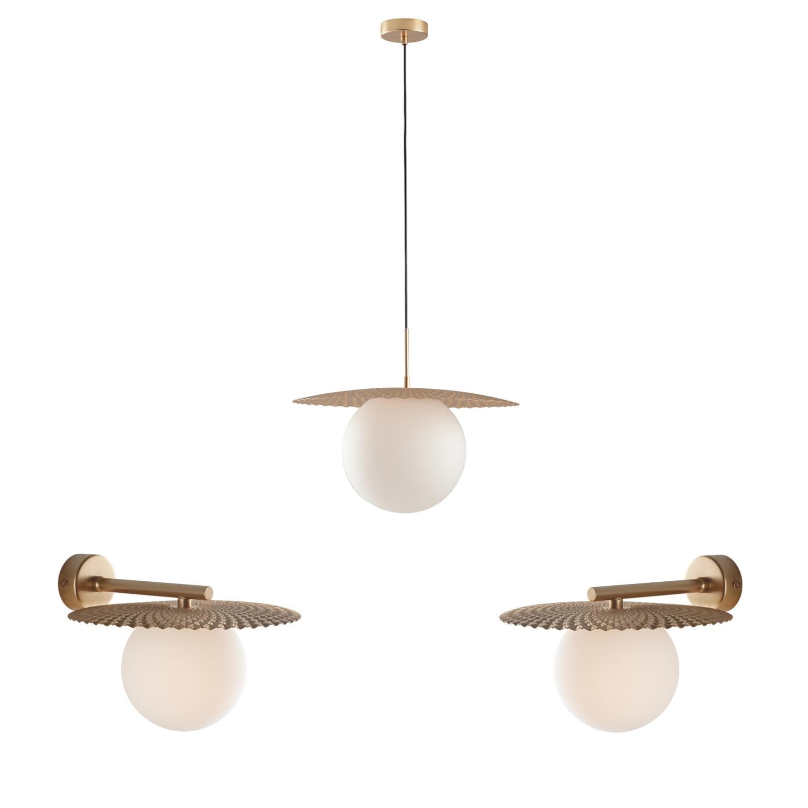 Set lampada sospesa rotonda 30 cm e 2 applique in metallo oro con diffusore opale