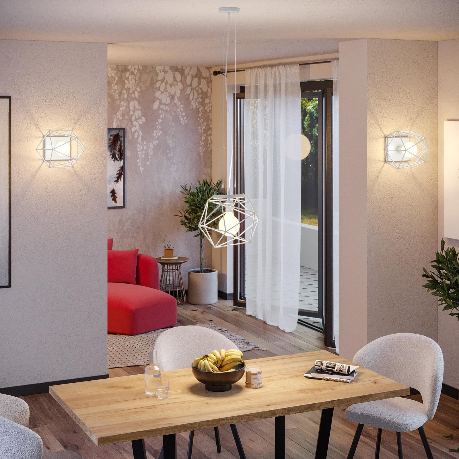 Set lampada a sospensione e 2 plafoniere in metallo bianco