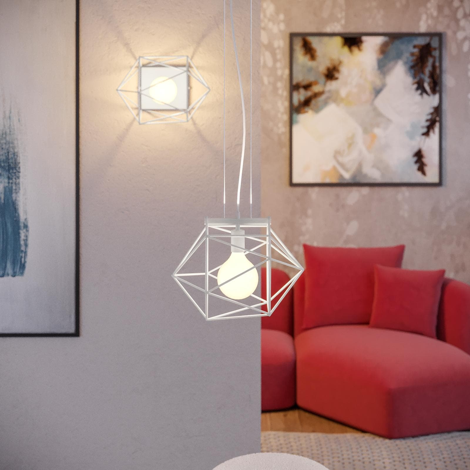 Set lampada a sospensione e 2 plafoniere in metallo bianco