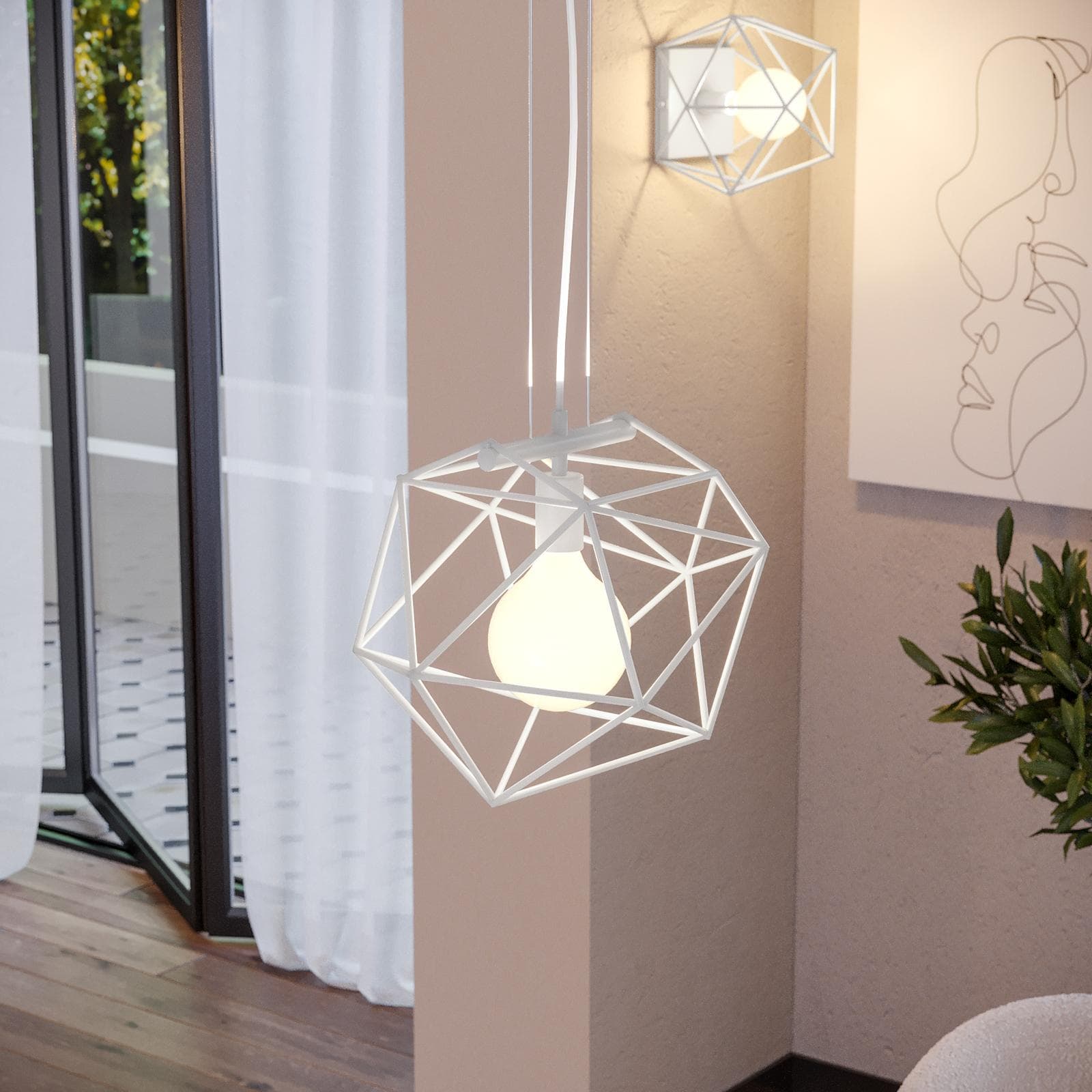 Set lampada a sospensione e 2 plafoniere in metallo bianco