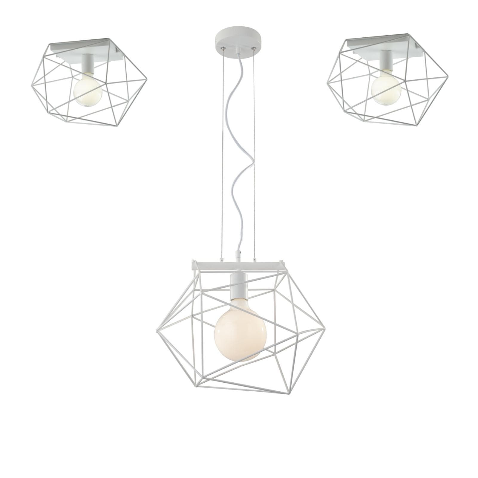 Set lampada a sospensione e 2 plafoniere in metallo bianco