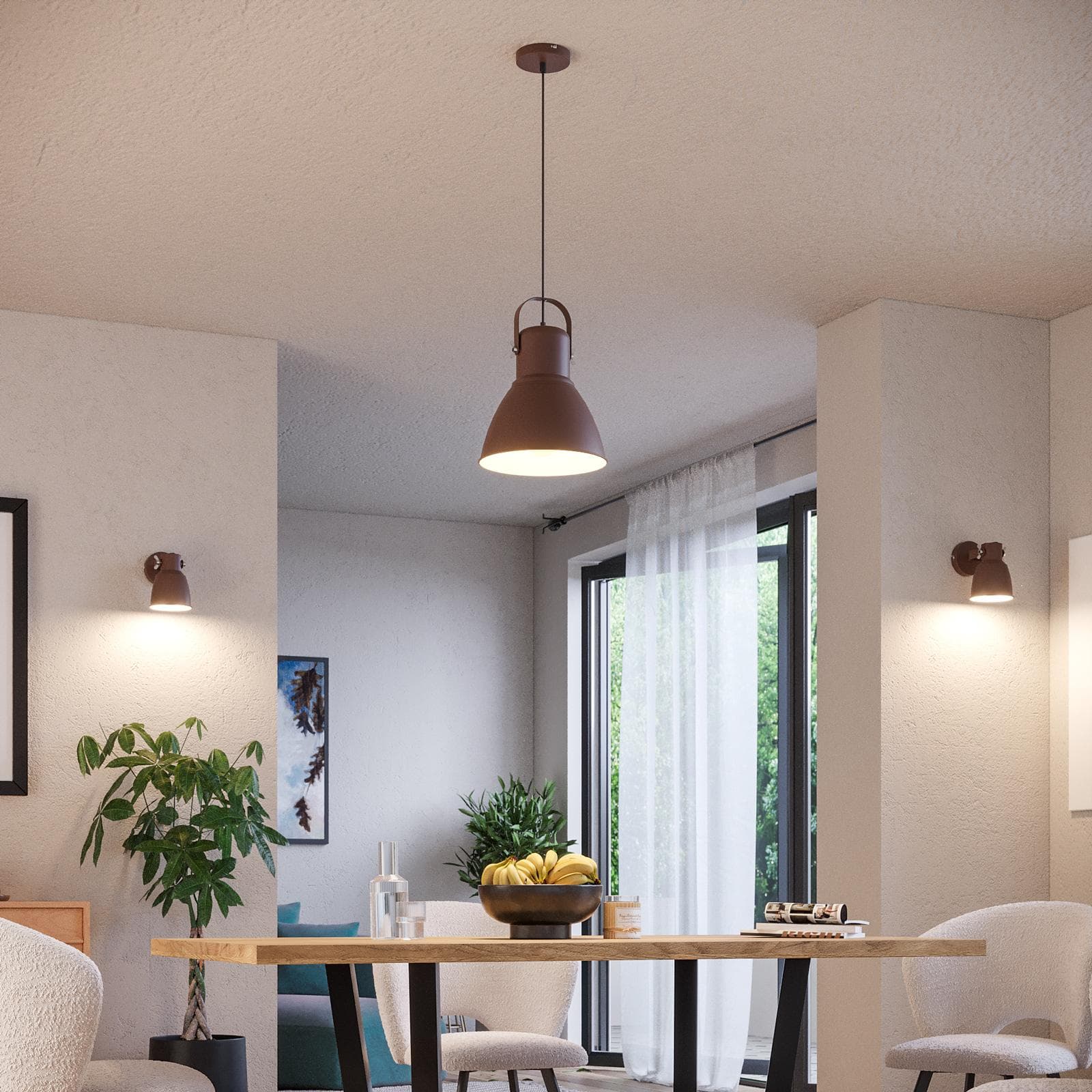 Set lampada a sospensione e 2 applique in metallo marrone