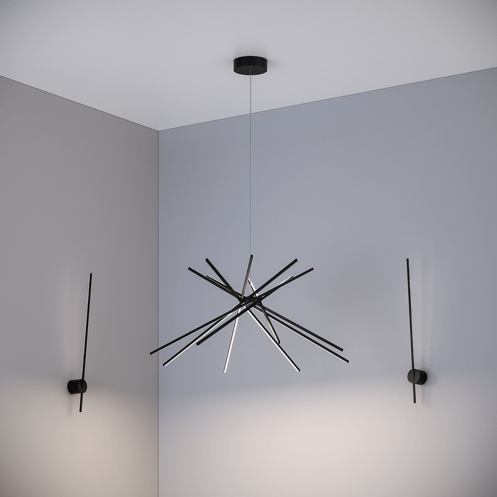 Set lampada da soffitto 160 cm e 2 applique a luce naturale in alluminio nero goffrato