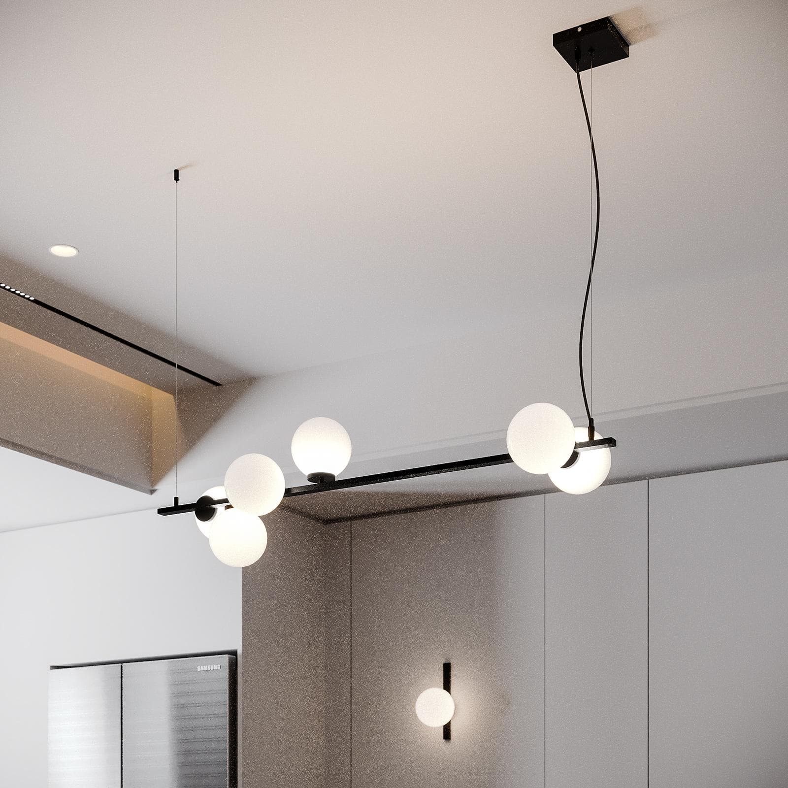 Set lampada sospesa 120x32 cm e 2 applique in metallo nero con diffusore in vetro opale
