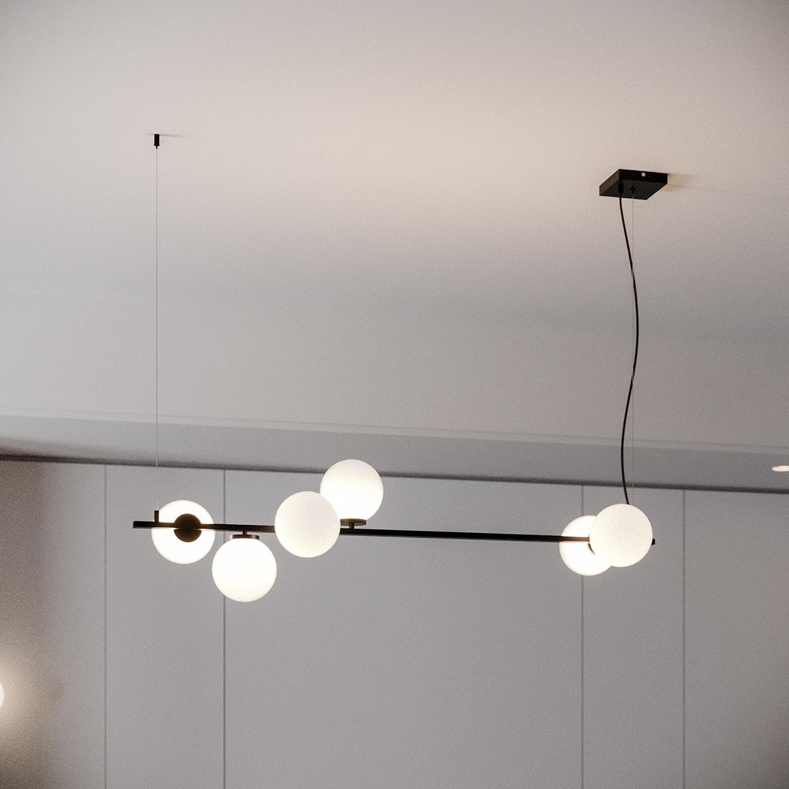 Set lampada sospesa 120x32 cm e 2 applique in metallo nero con diffusore in vetro opale