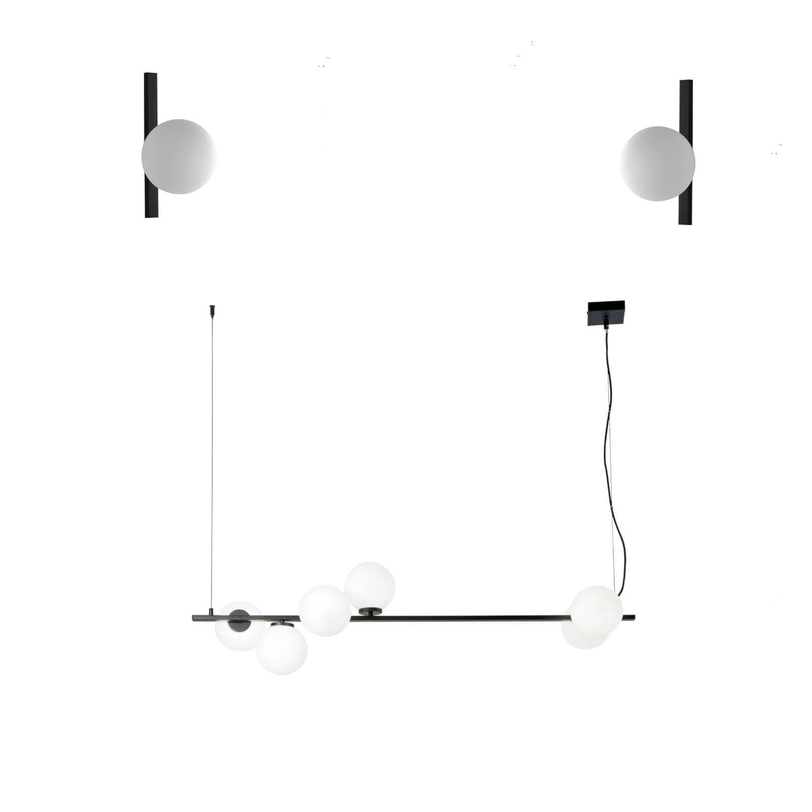 Set lampada sospesa 120x32 cm e 2 applique in metallo nero con diffusore in vetro opale
