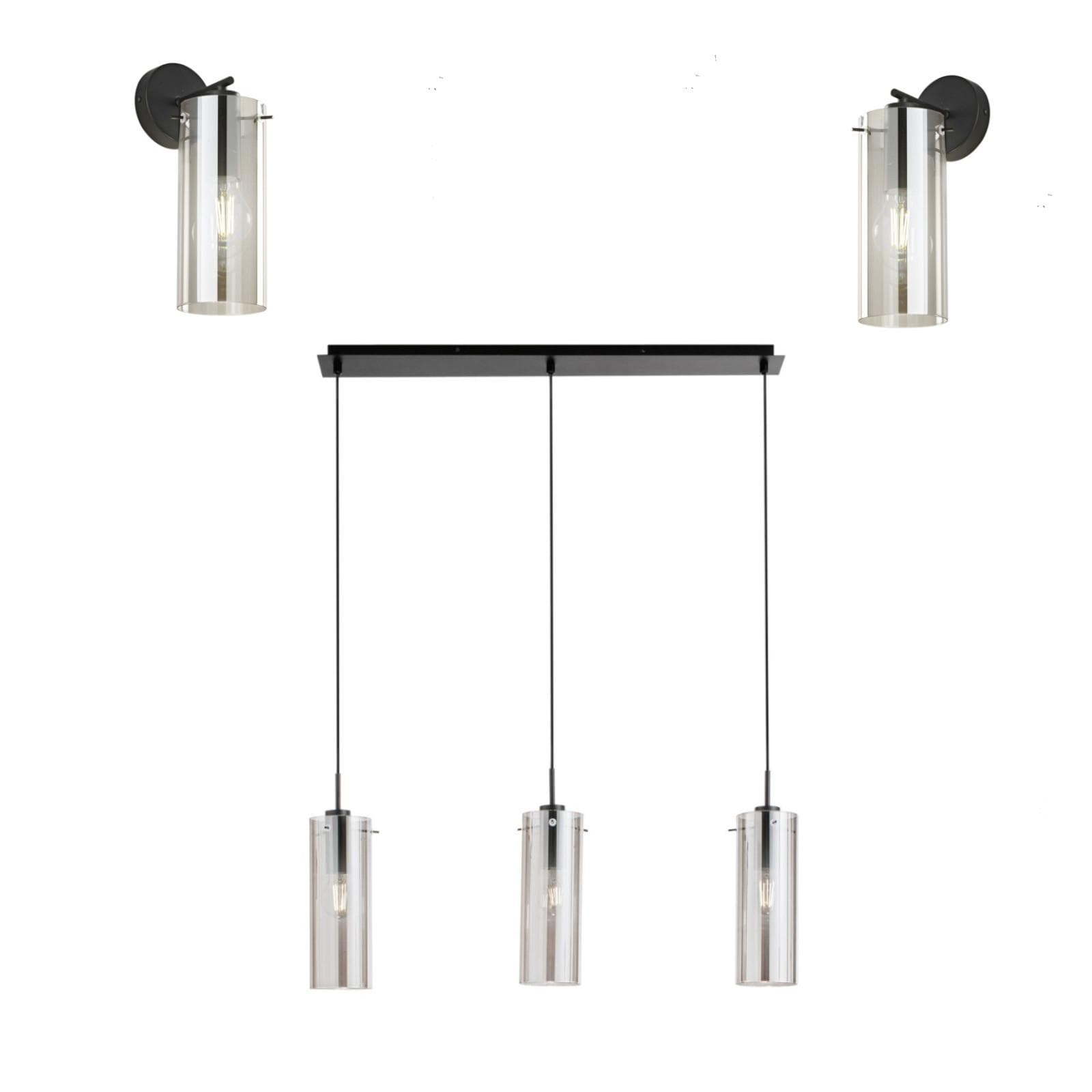 Set lampada sospesa 79x10 cm e 2 applique in metallo nero e diffusore in vetro fumè