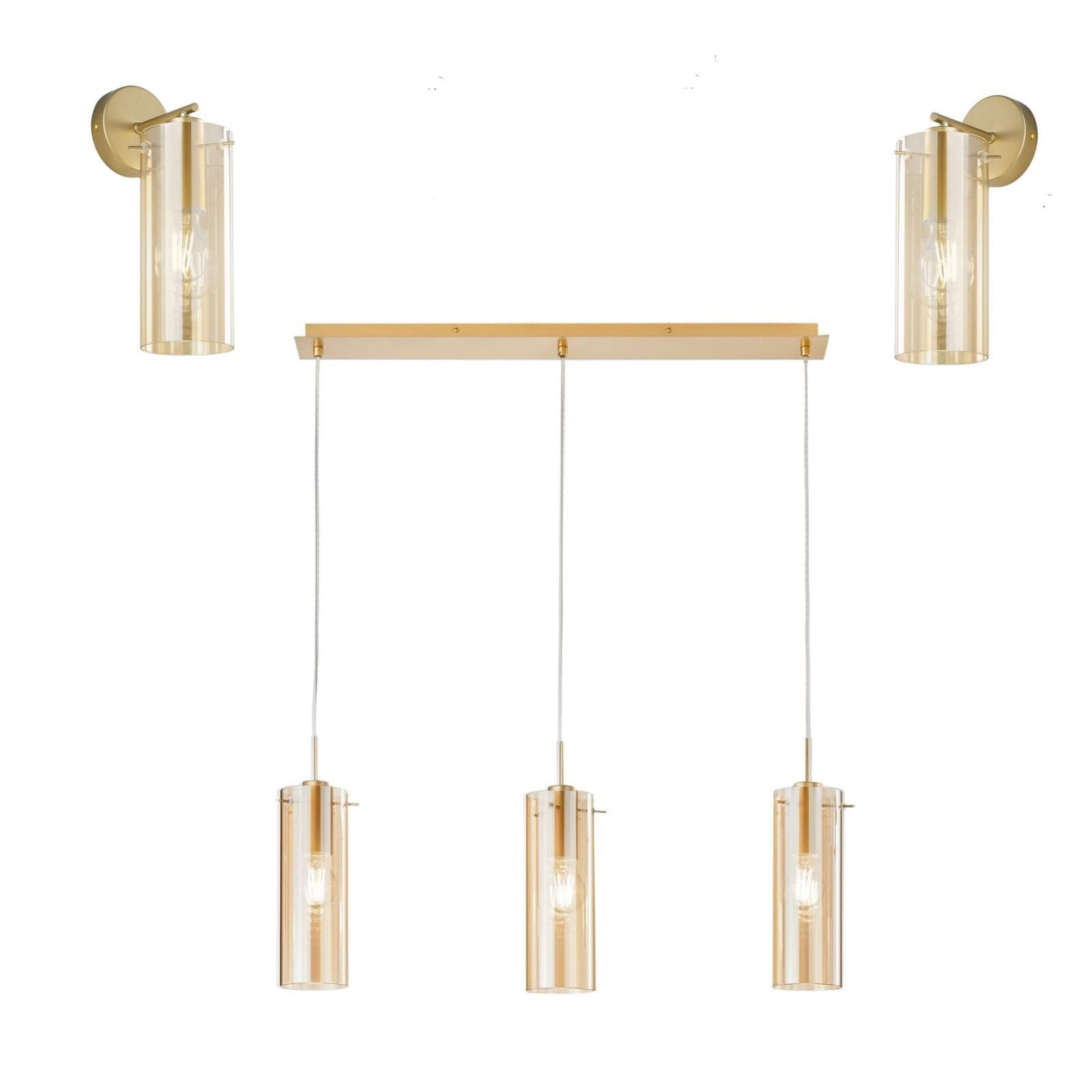 Set lampada sospesa 79x10 cm e 2 applique in metallo oro e diffusore in vetro ambra