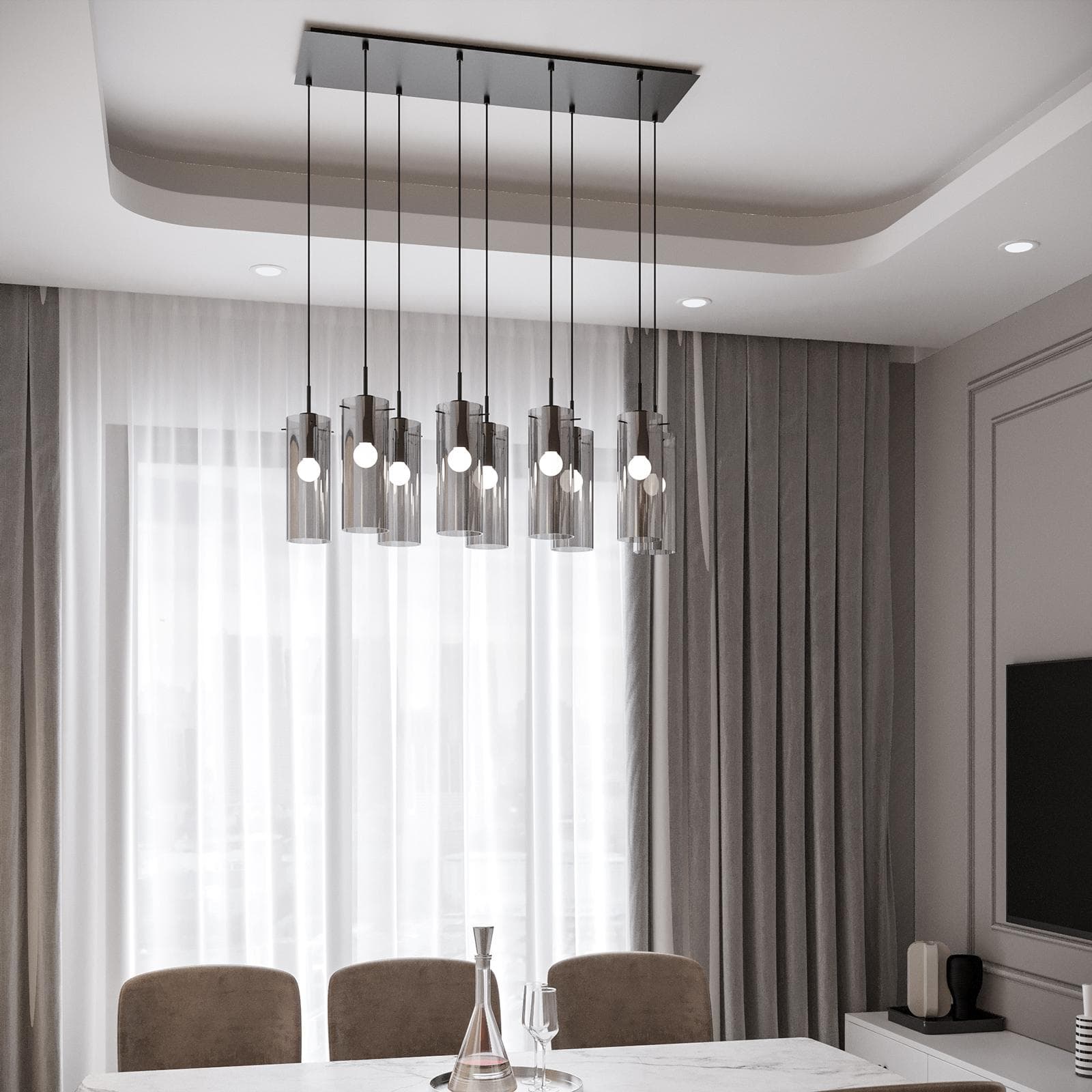 Set lampada sospesa 90x30 cm e 2 applique in metallo nero e diffusore in vetro fumè