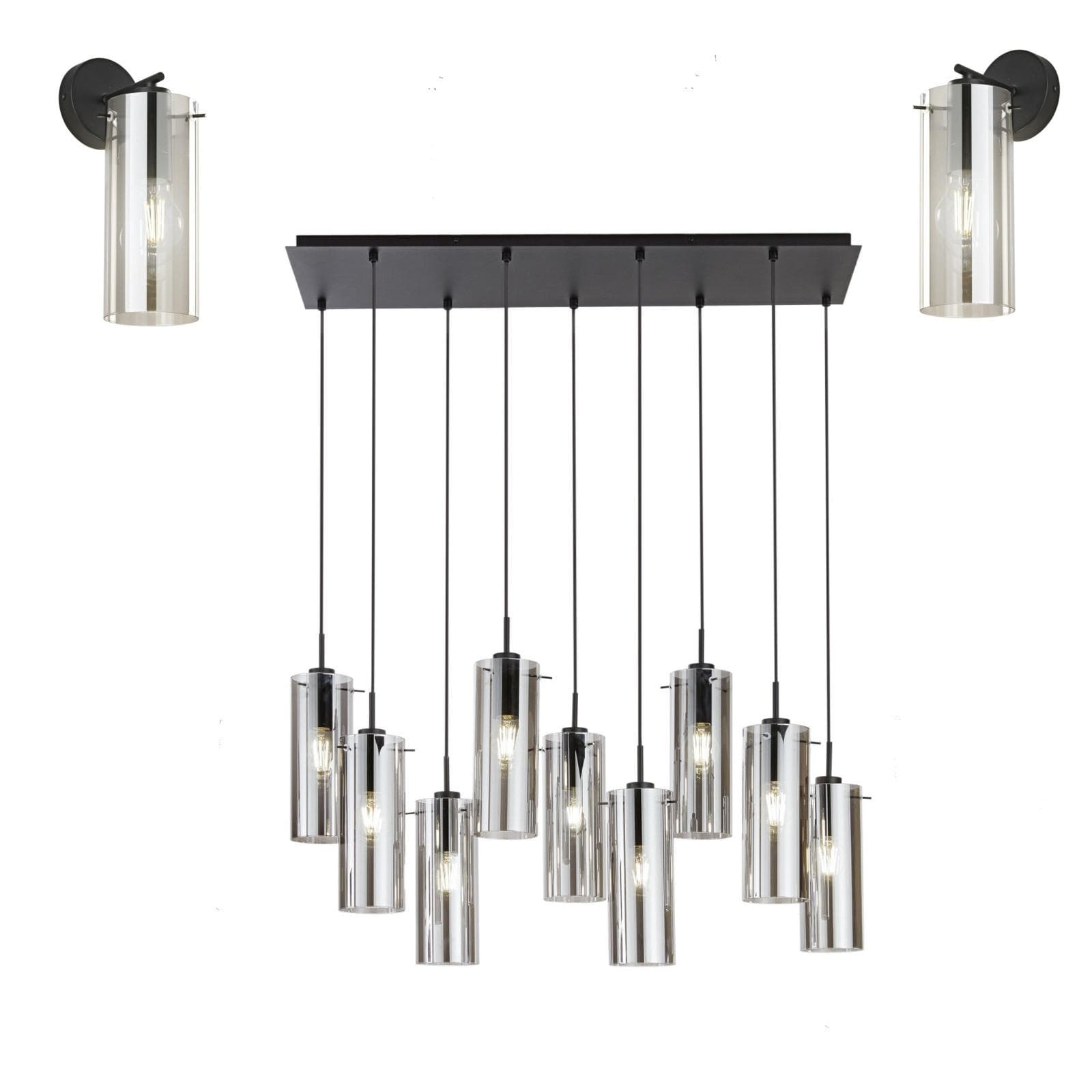Set lampada sospesa 90x30 cm e 2 applique in metallo nero e diffusore in vetro fumè