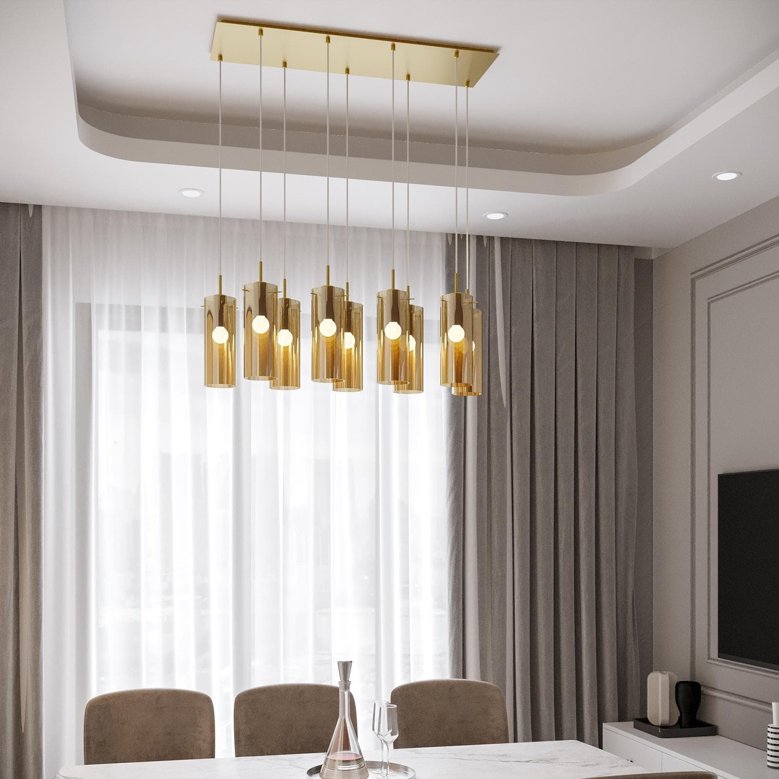 Set lampada sospesa 90x30 cm e 2 applique in metallo oro e diffusore in vetro ambra