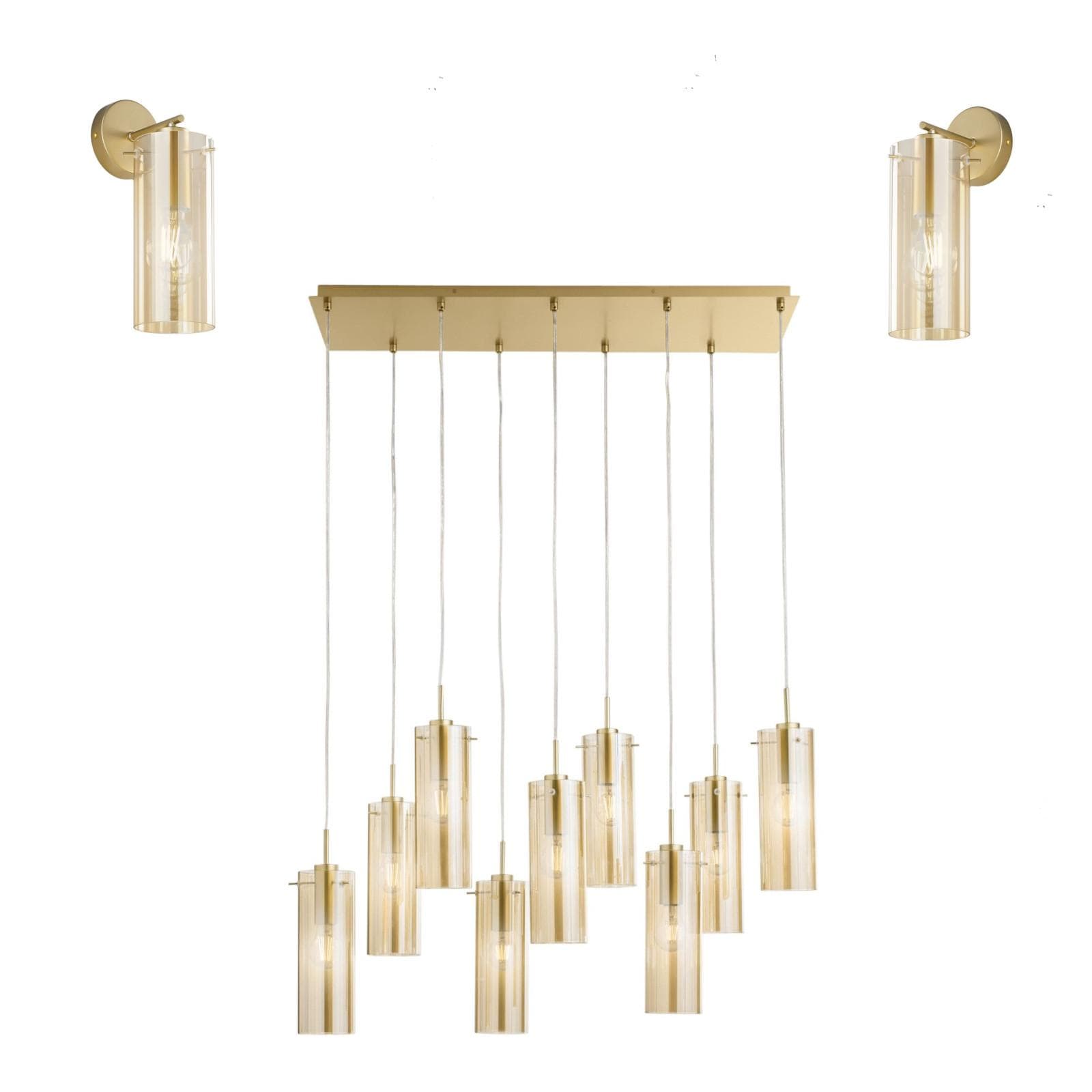 Set lampada sospesa 90x30 cm e 2 applique in metallo oro e diffusore in vetro ambra