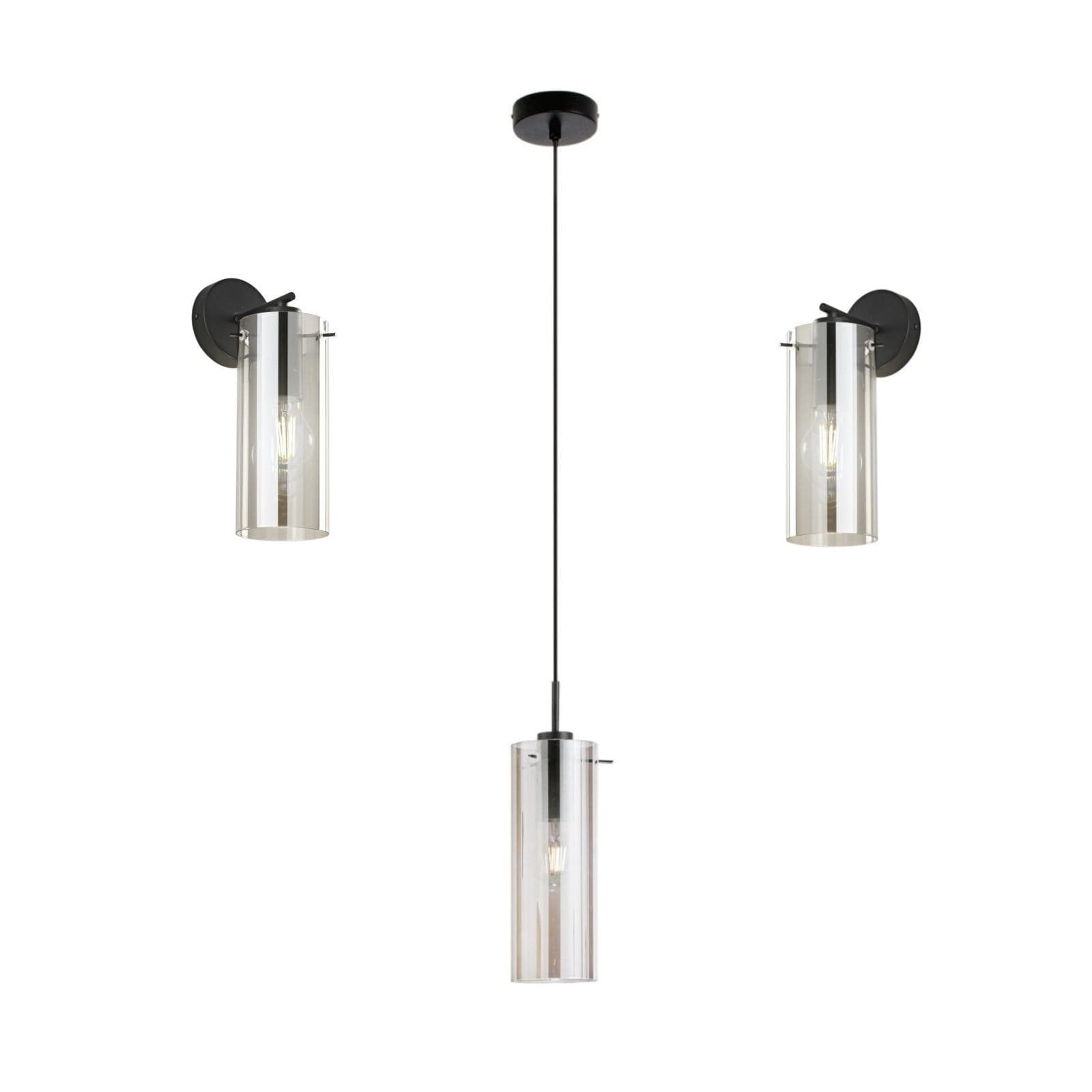 Set lampada sospesa rotonda 10 cm e 2 applique in metallo nero e diffusore in vetro fumè