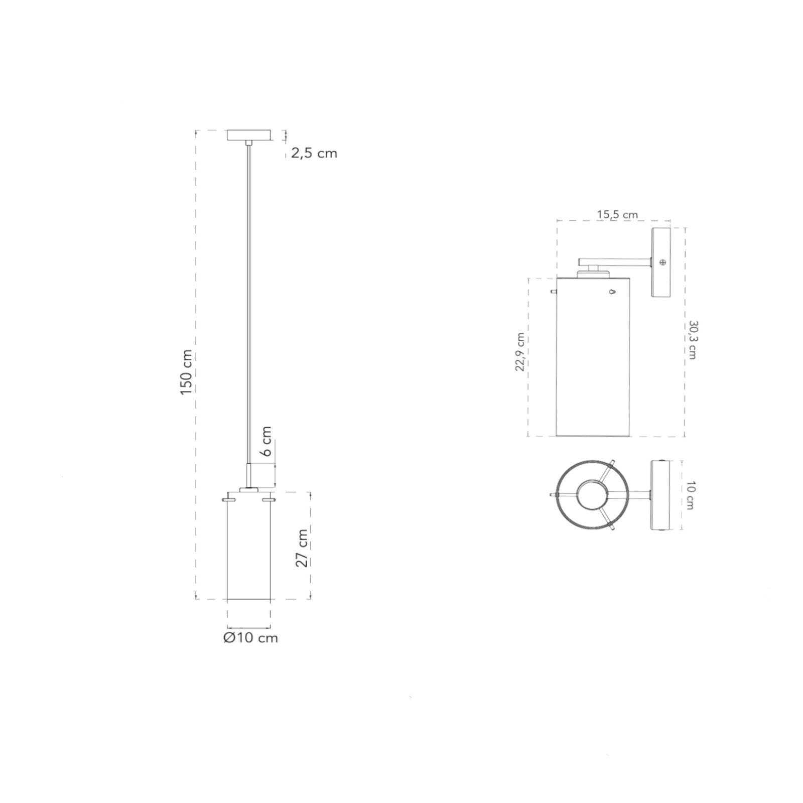 Set lampada sospesa rotonda 10 cm e 2 applique in metallo nero e diffusore in vetro fumè
