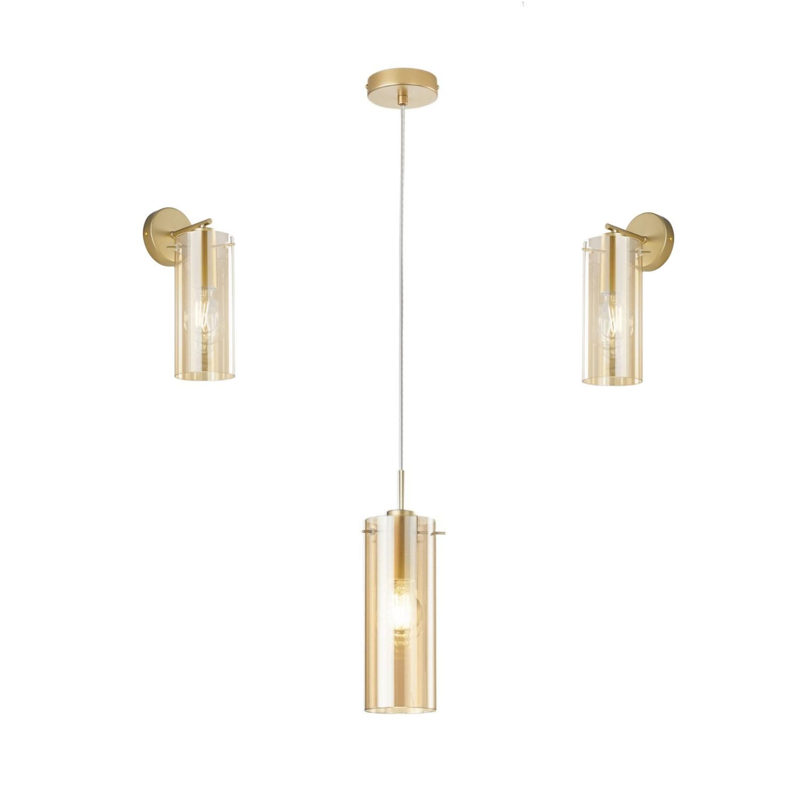 Set lampada sospesa rotonda 10 cm e 2 applique in metallo oro e diffusore in vetro ambra