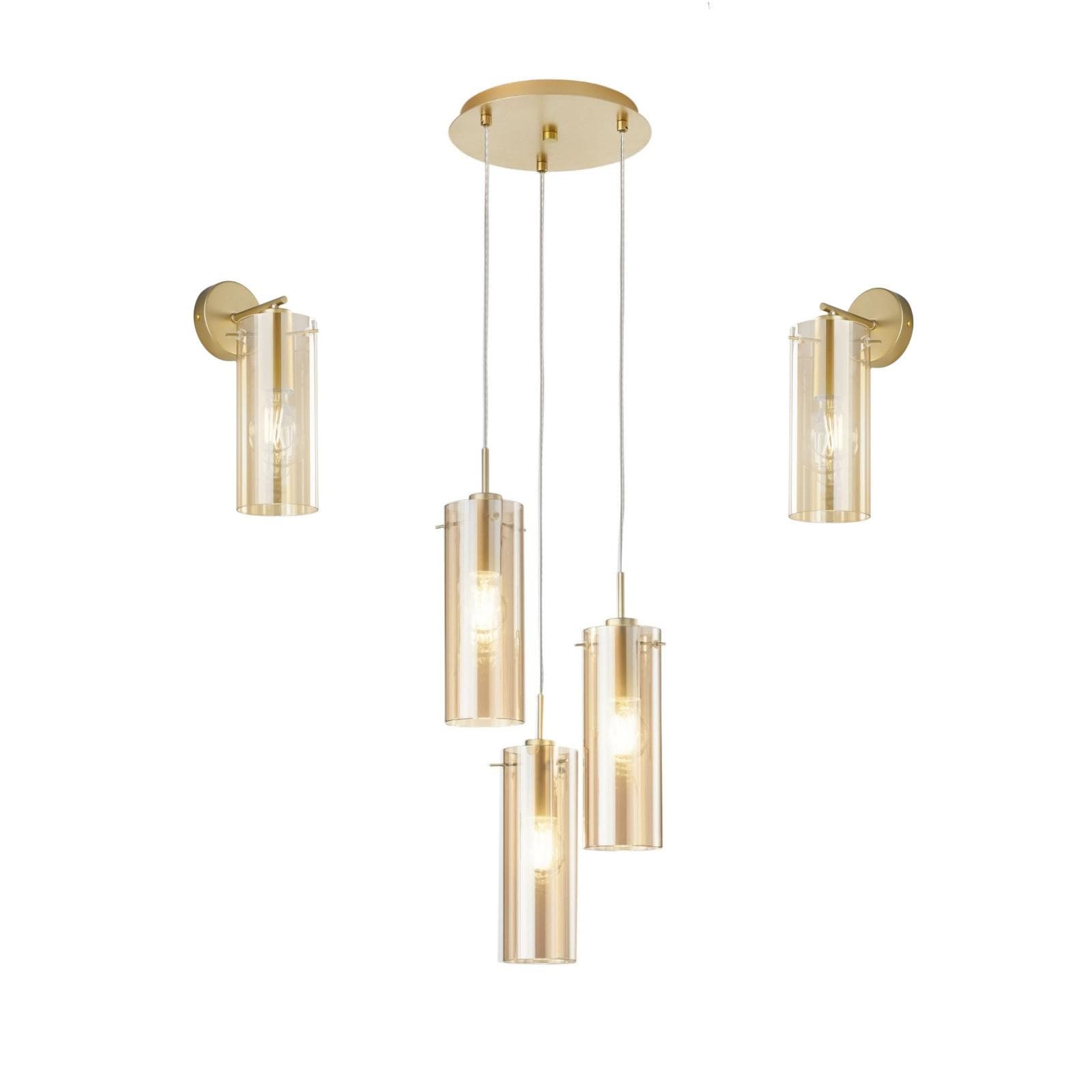 Set lampada sospesa rotonda 27 cm e 2 applique in metallo oro e diffusore in vetro ambra