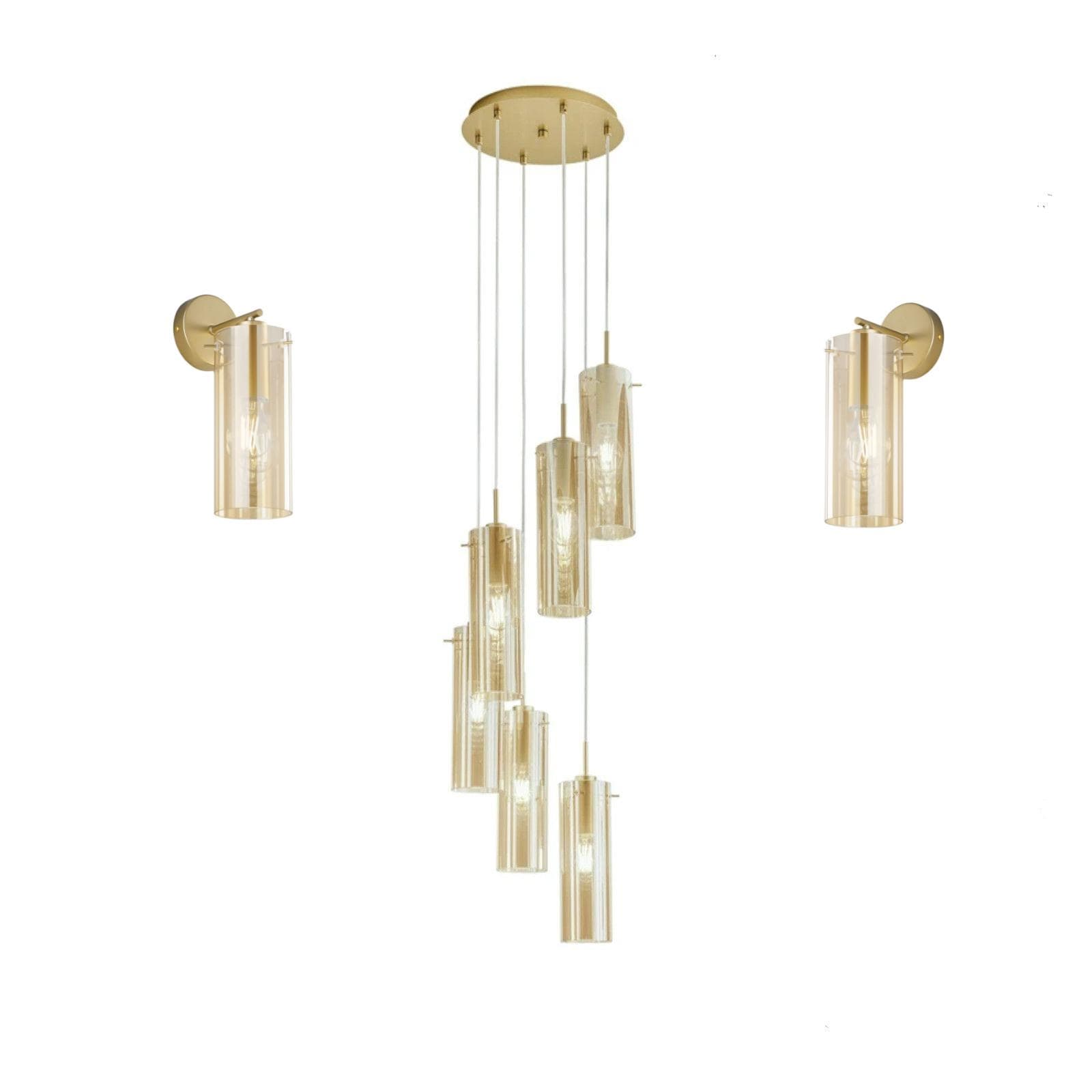 Set lampada sospesa rotonda 35 cm e 2 applique in metallo oro e diffusore in vetro ambra