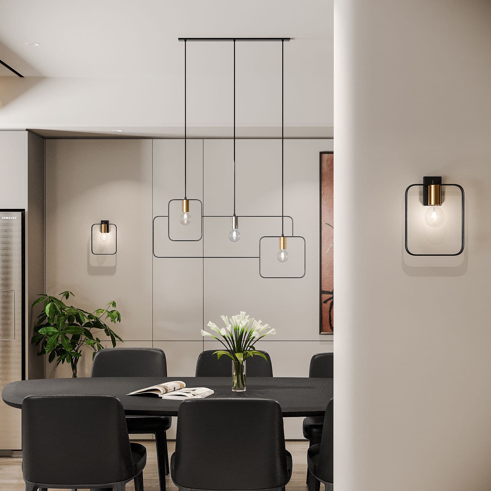 Set lampadario a sospensione + 2 applique in metallo nero e oro