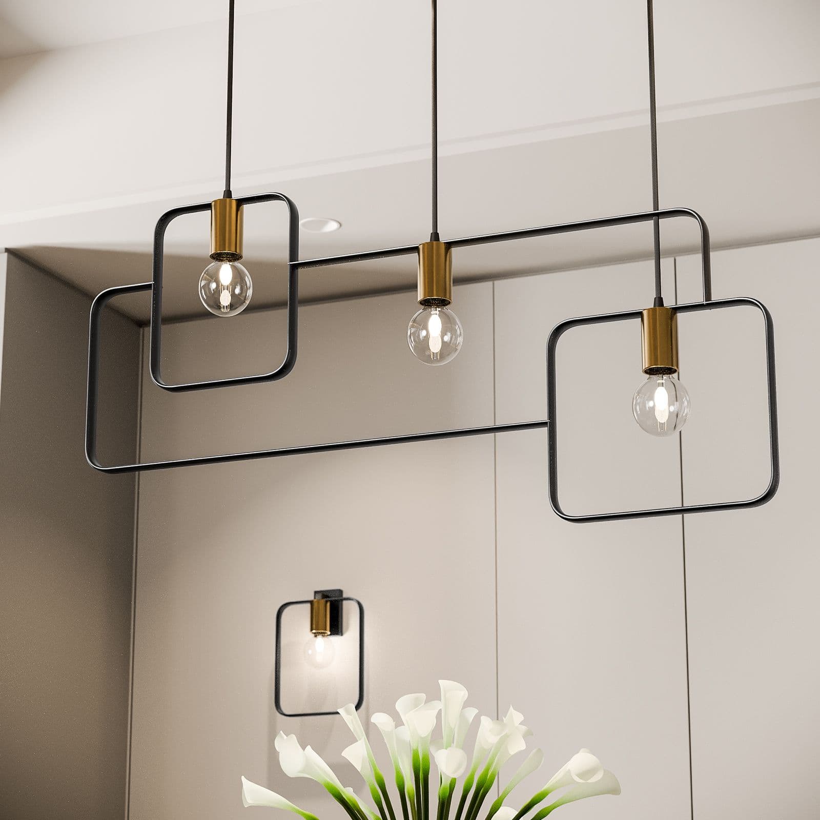 Set lampadario a sospensione + 2 applique in metallo nero e oro