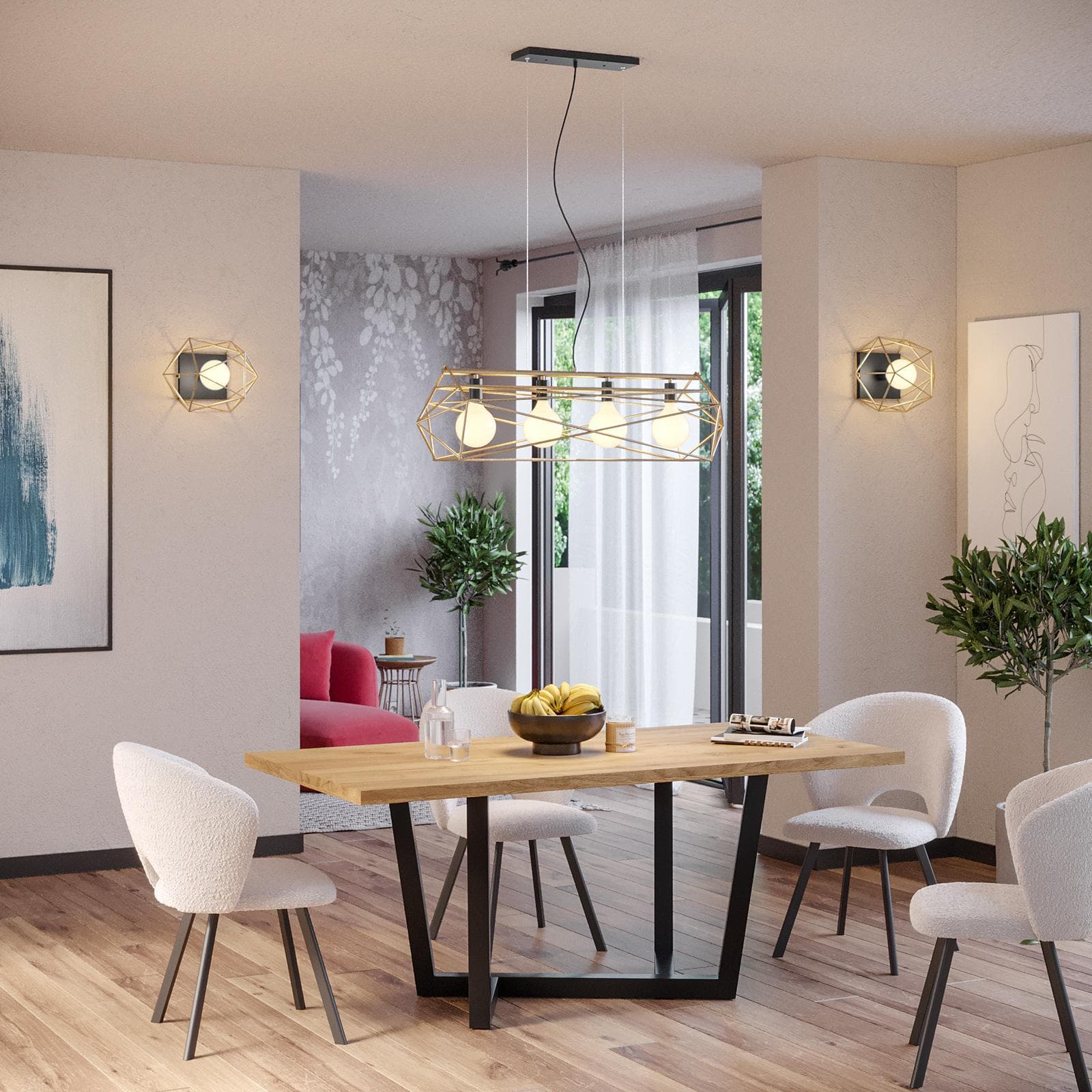 Set lampadario a sospensione da 4 lampade e 2 plafoniere in metallo nero e oro