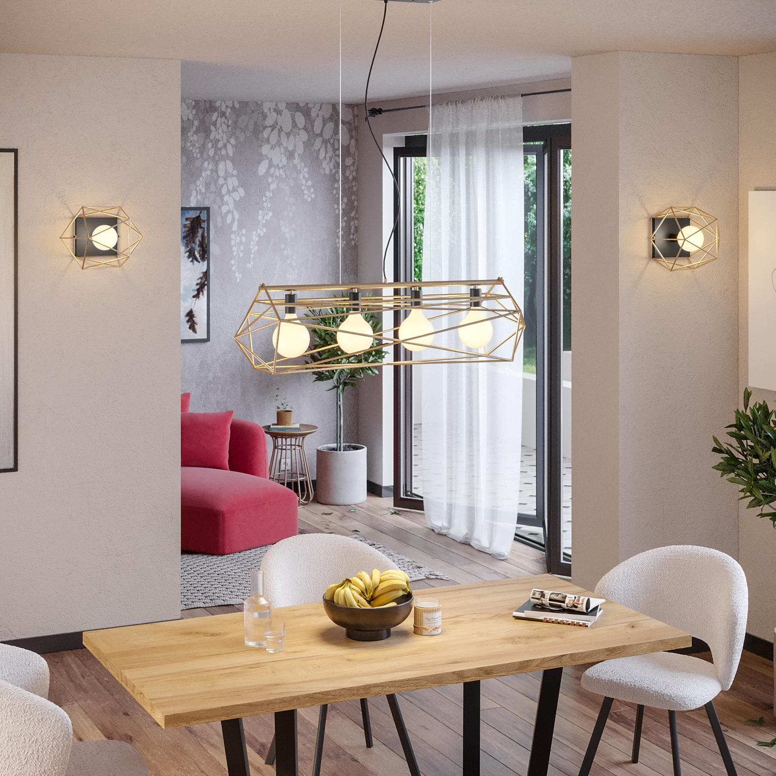 Set lampadario a sospensione da 4 lampade e 2 plafoniere in metallo nero e oro