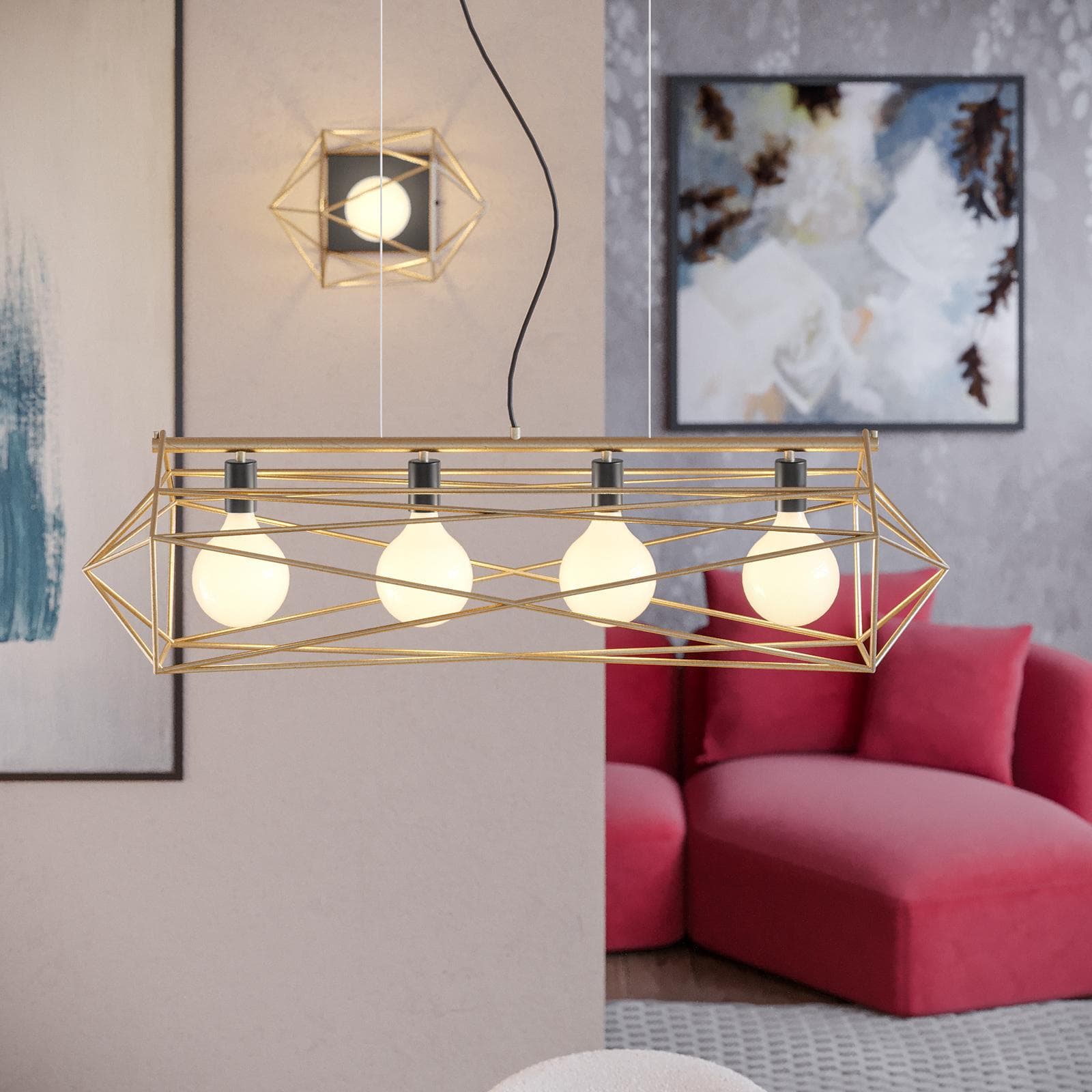 Set lampadario a sospensione da 4 lampade e 2 plafoniere in metallo nero e oro