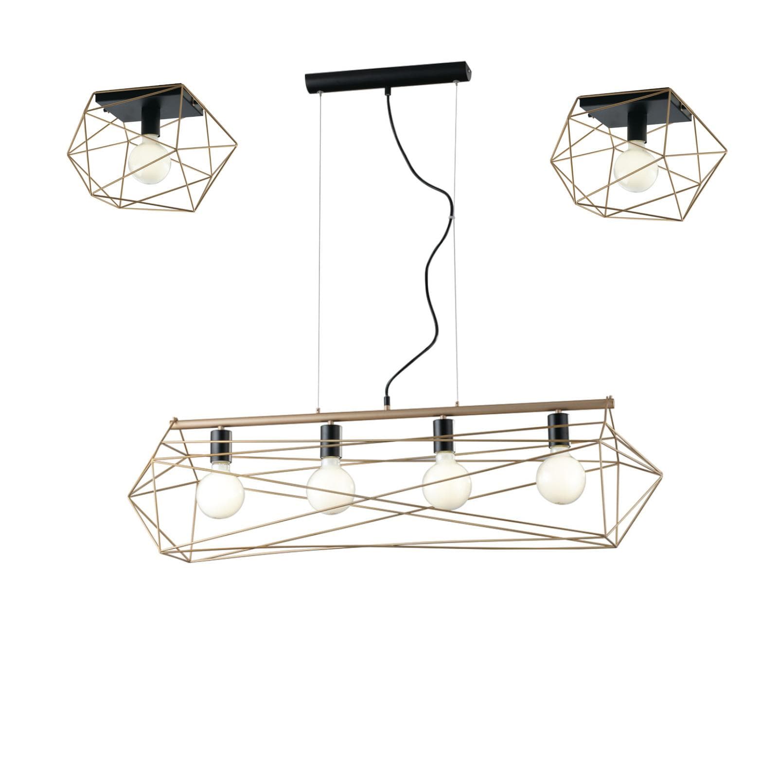 Set lampadario a sospensione da 4 lampade e 2 plafoniere in metallo nero e oro