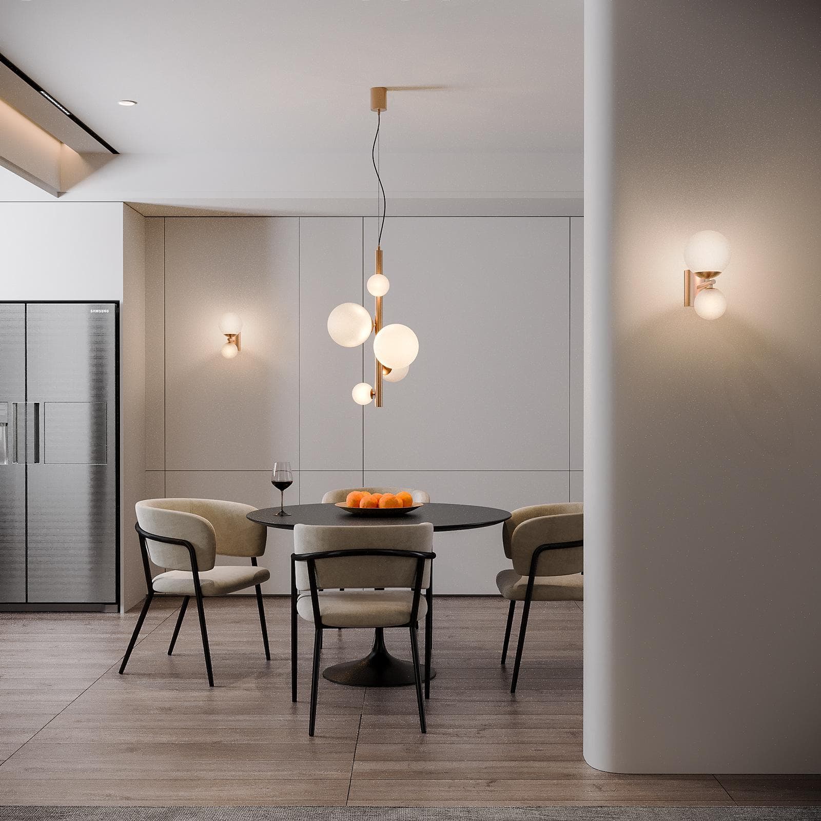 Set lampadario a sospensione da 5 lampade e 2 applique in oro rosa e vetro soffiato