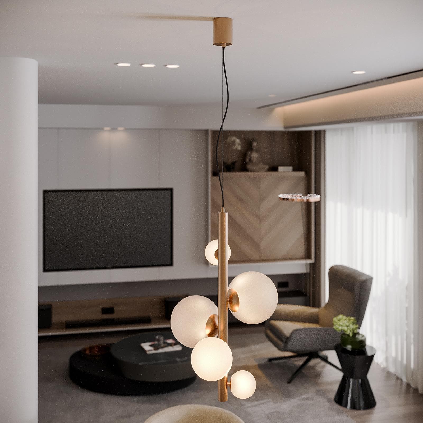 Set lampadario a sospensione da 5 lampade e 2 applique in oro rosa e vetro soffiato