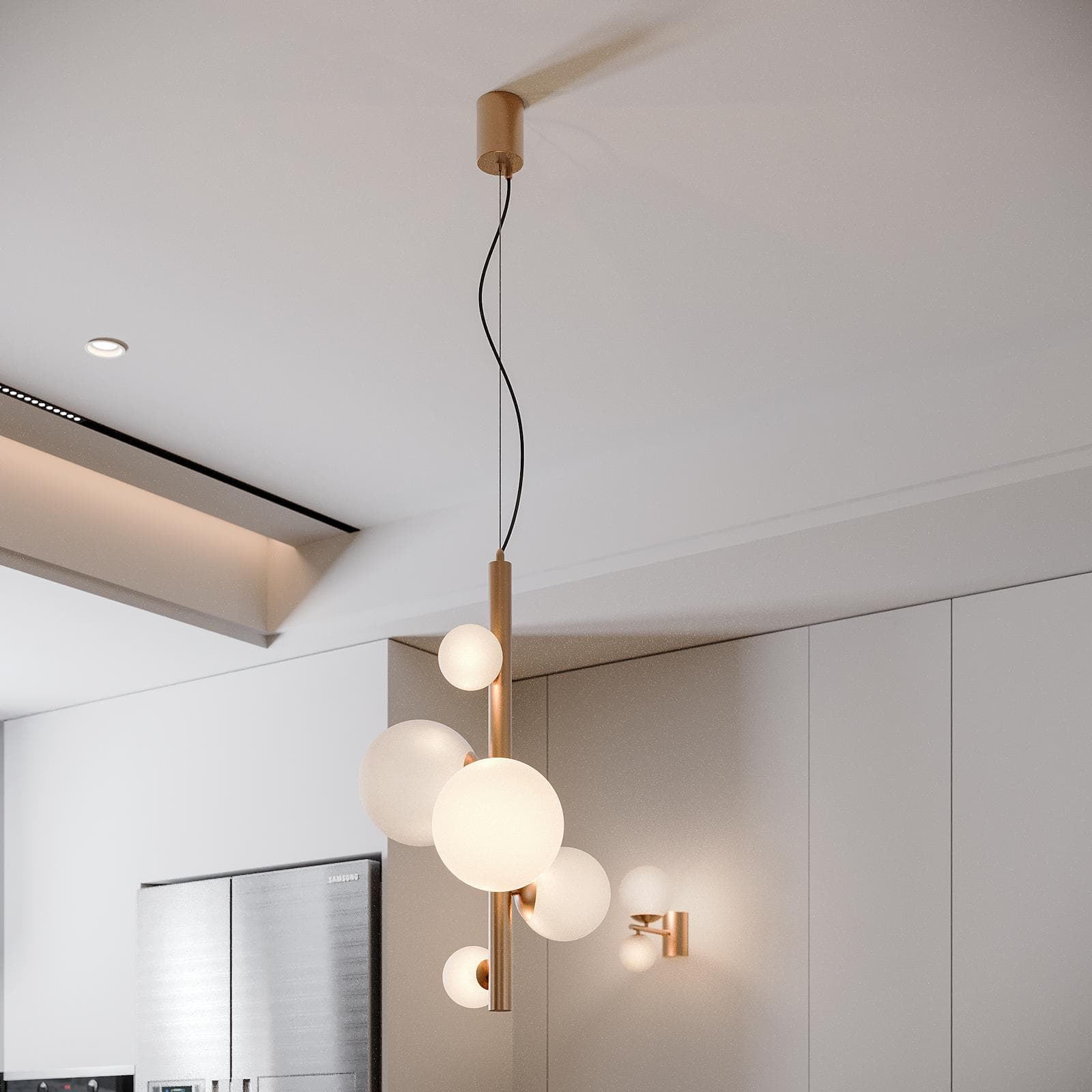 Set lampadario a sospensione da 5 lampade e 2 applique in oro rosa e vetro soffiato