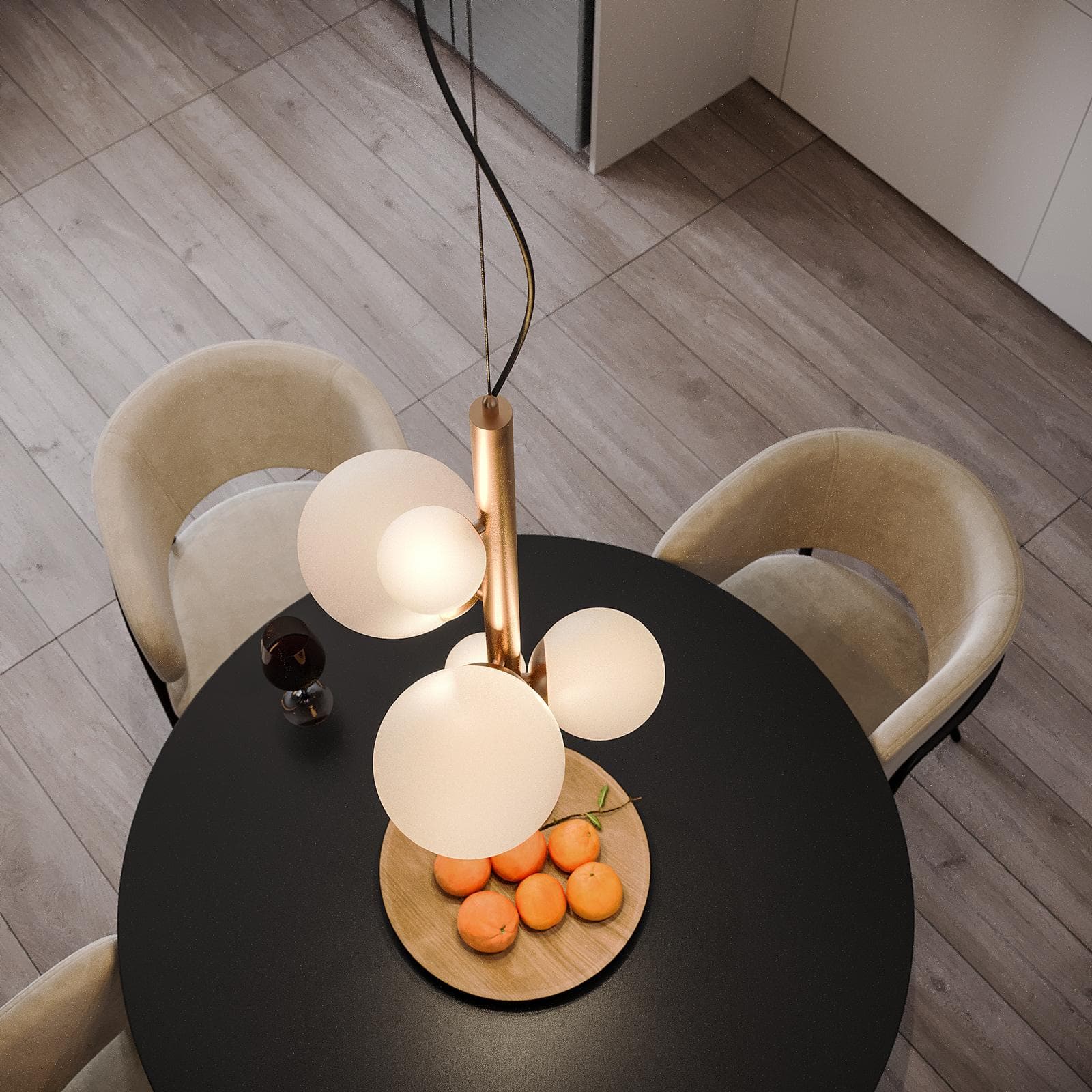 Set lampadario a sospensione da 5 lampade e 2 applique in oro rosa e vetro soffiato