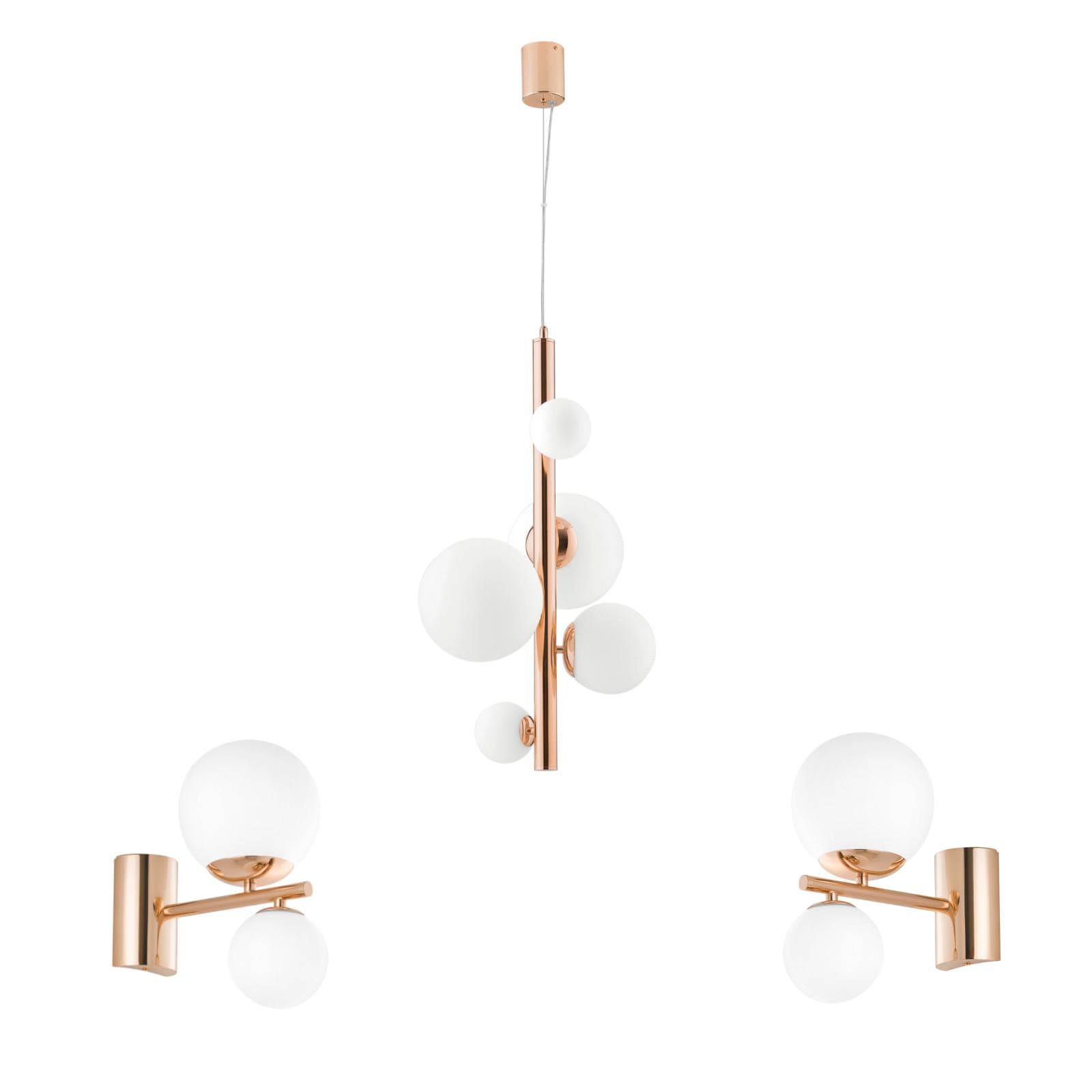 Set lampadario a sospensione da 5 lampade e 2 applique in oro rosa e vetro soffiato