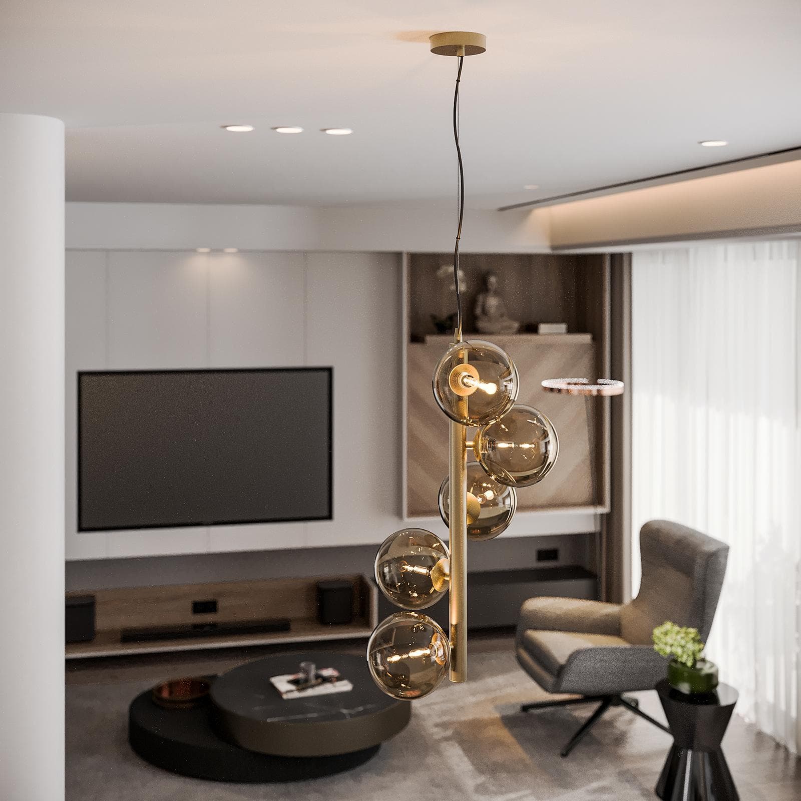Set lampadario a sospensione da 5 lampade e 2 applique in vetro champagne