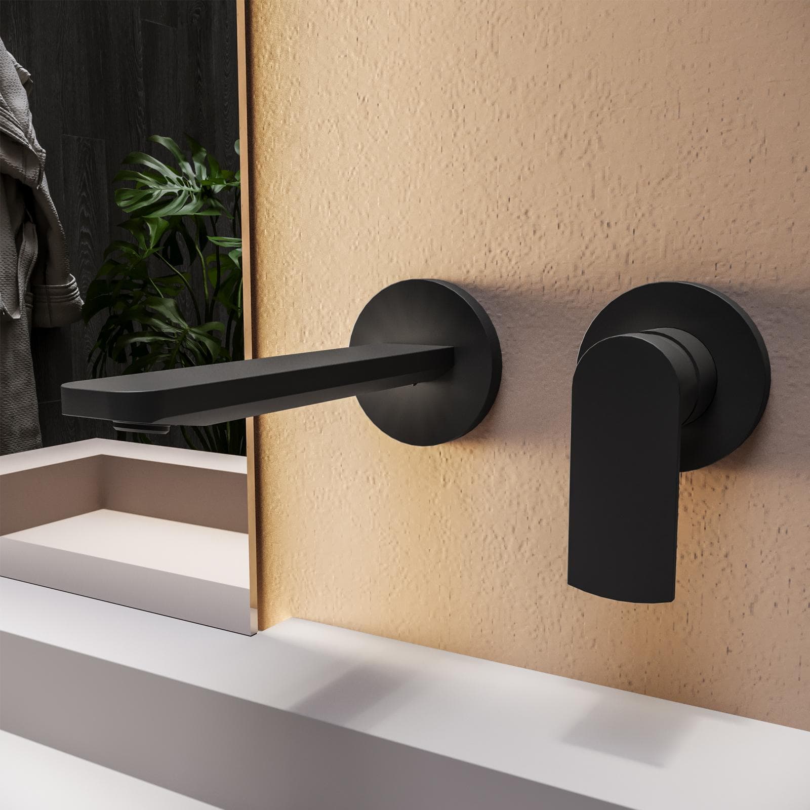 Set miscelatore lavabo a muro canna 20 cm e bidet con incasso doccia con deviatore nero – Fluid