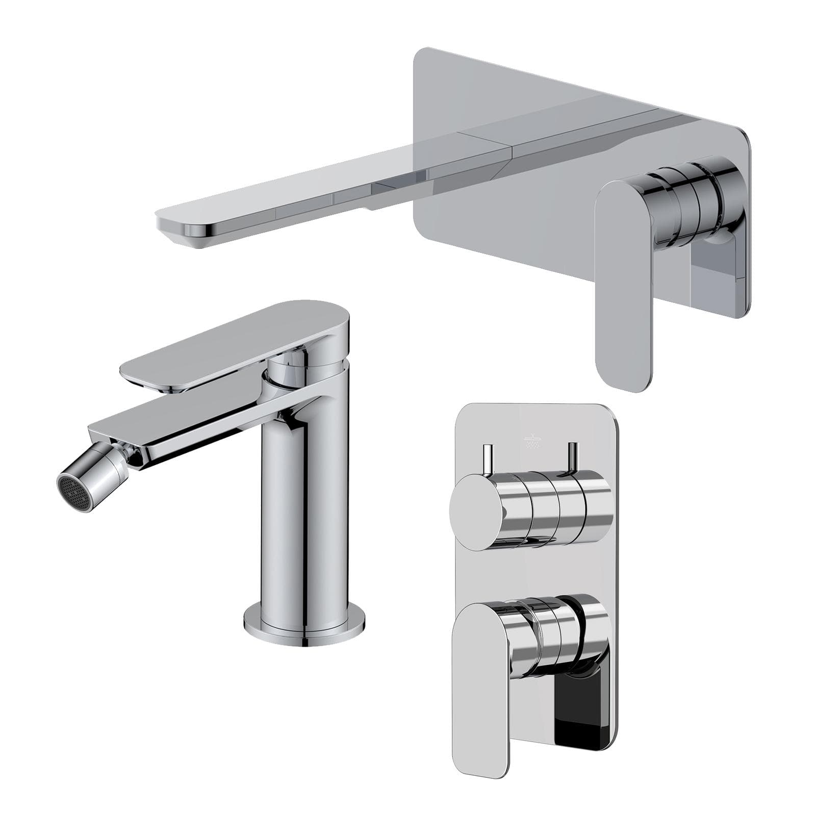Set miscelatore lavabo a muro canna 20 con piastra e bidet con incasso doccia con deviatore cromo – Fusion