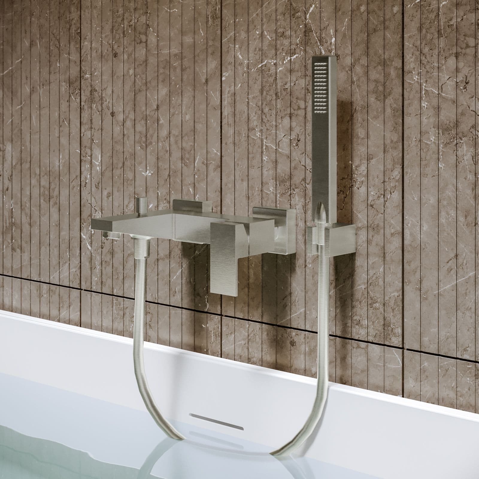 Set miscelatore lavabo a muro canna 25 e bidet con esterno vasca spazzolato – Kyria