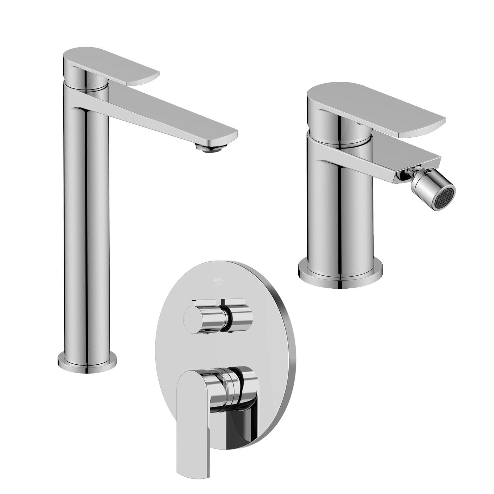 Set miscelatore lavabo alto e bidet con incasso doccia con deviatore cromo – Fluid