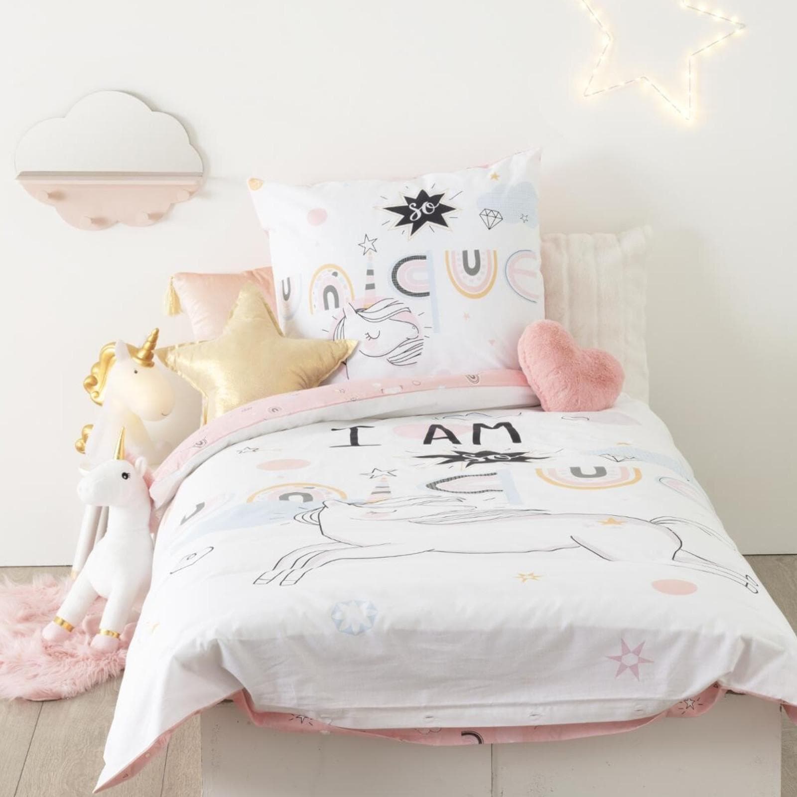 Set copripiumino 140x200 cm double face e federa in cotone bianco e rosa - Timothy Kids