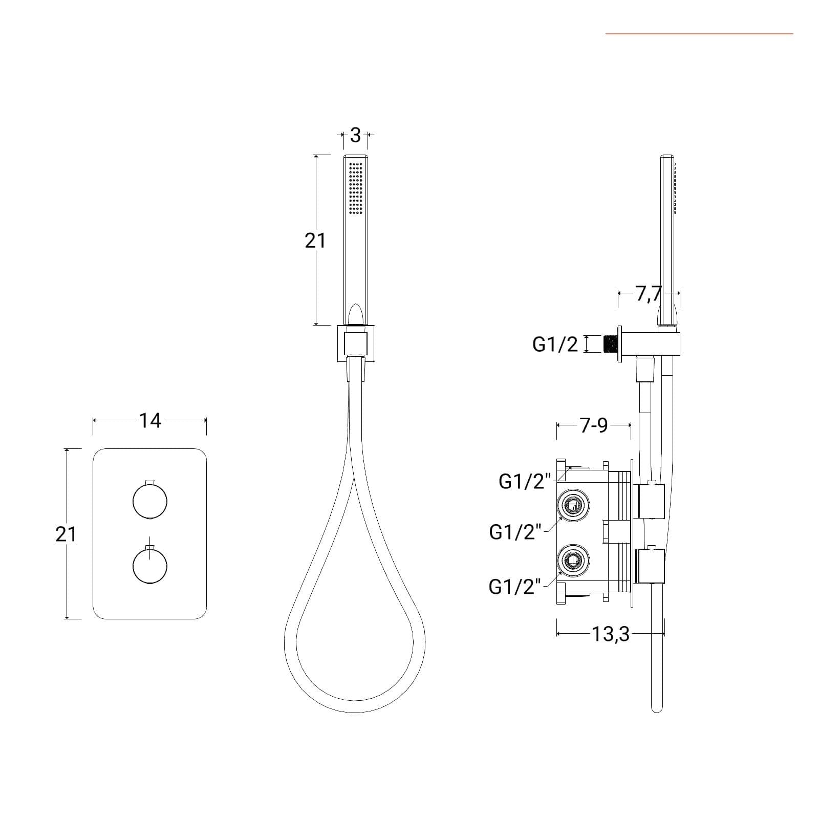Set miscelatore incasso doccia termostatico con deviatore e braccio doccia soffione 30 x 30 cm con doccino fango - Fusion