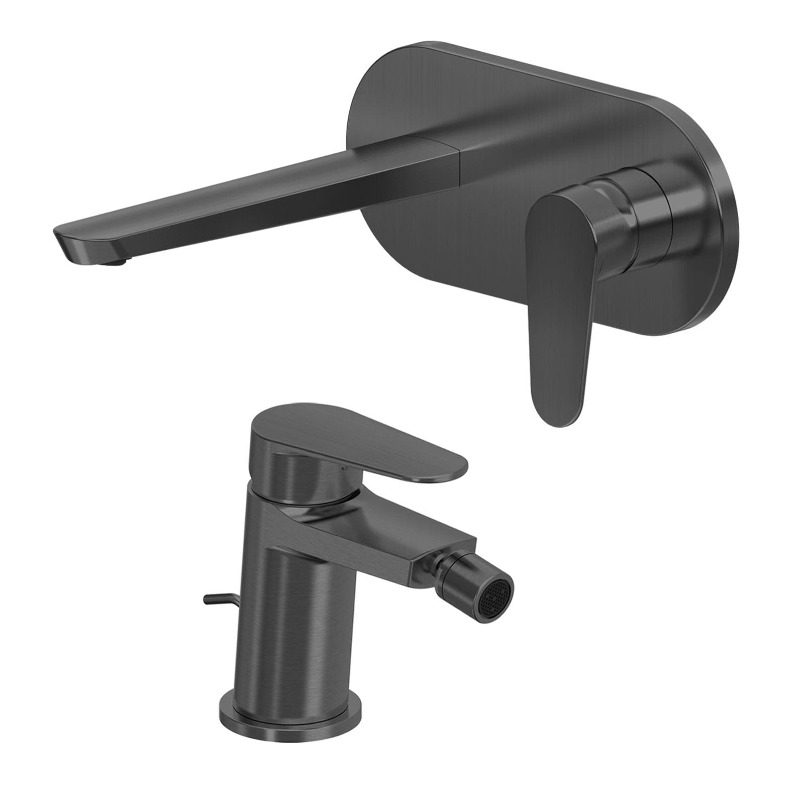 Set miscelatore lavabo a muro canna 20 cm con piastra e bidet con scarico nero spazzolato – Lir