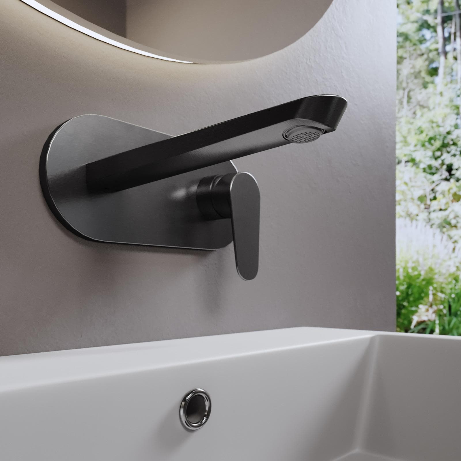 Set miscelatore lavabo a muro canna 20 cm con piastra e bidet con scarico nero spazzolato – Lir