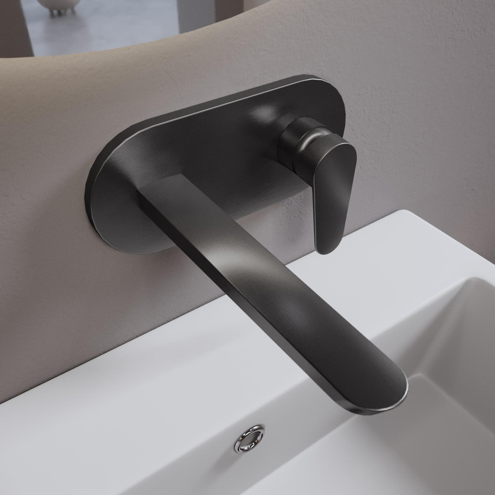 Set miscelatore lavabo a muro canna 20 cm con piastra e bidet con scarico nero spazzolato – Lir
