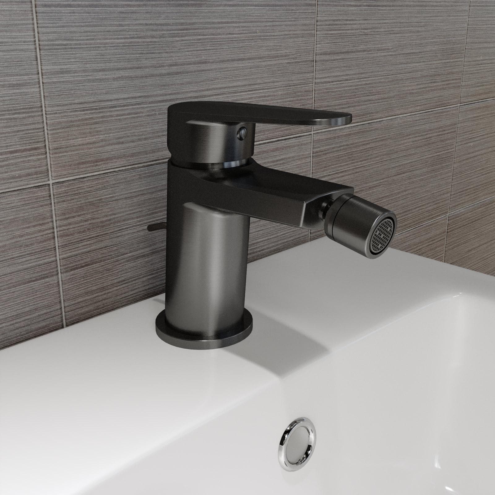 Set miscelatore lavabo a muro canna 20 cm con piastra e bidet con scarico nero spazzolato – Lir