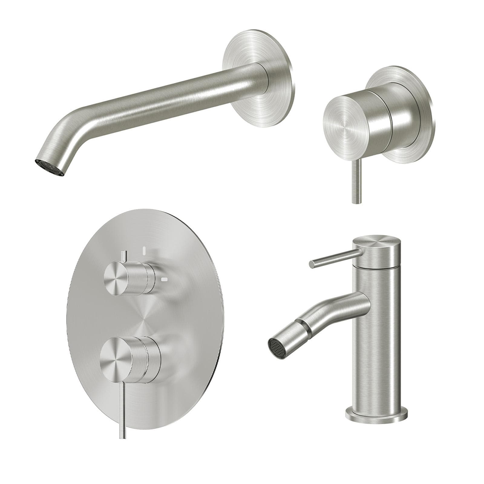 Set miscelatore lavabo a muro canna 20 cm e bidet con incasso doccia con deviatore acciaio inox 316 – Pure